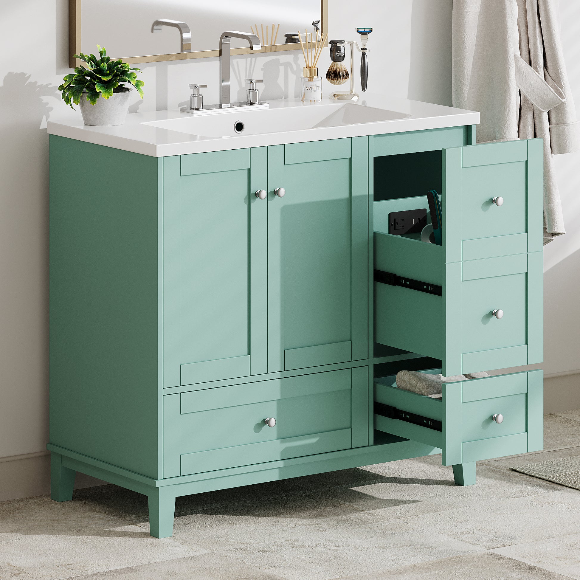 Teal inch bathroom vanity with white quartz countertop and integrated sink