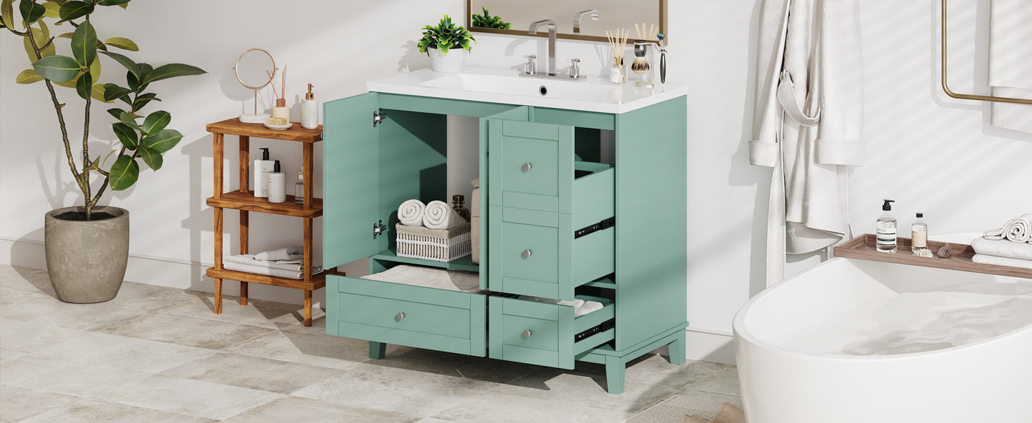 Mint green bathroom vanity with open doors and drawers displaying storage organization
