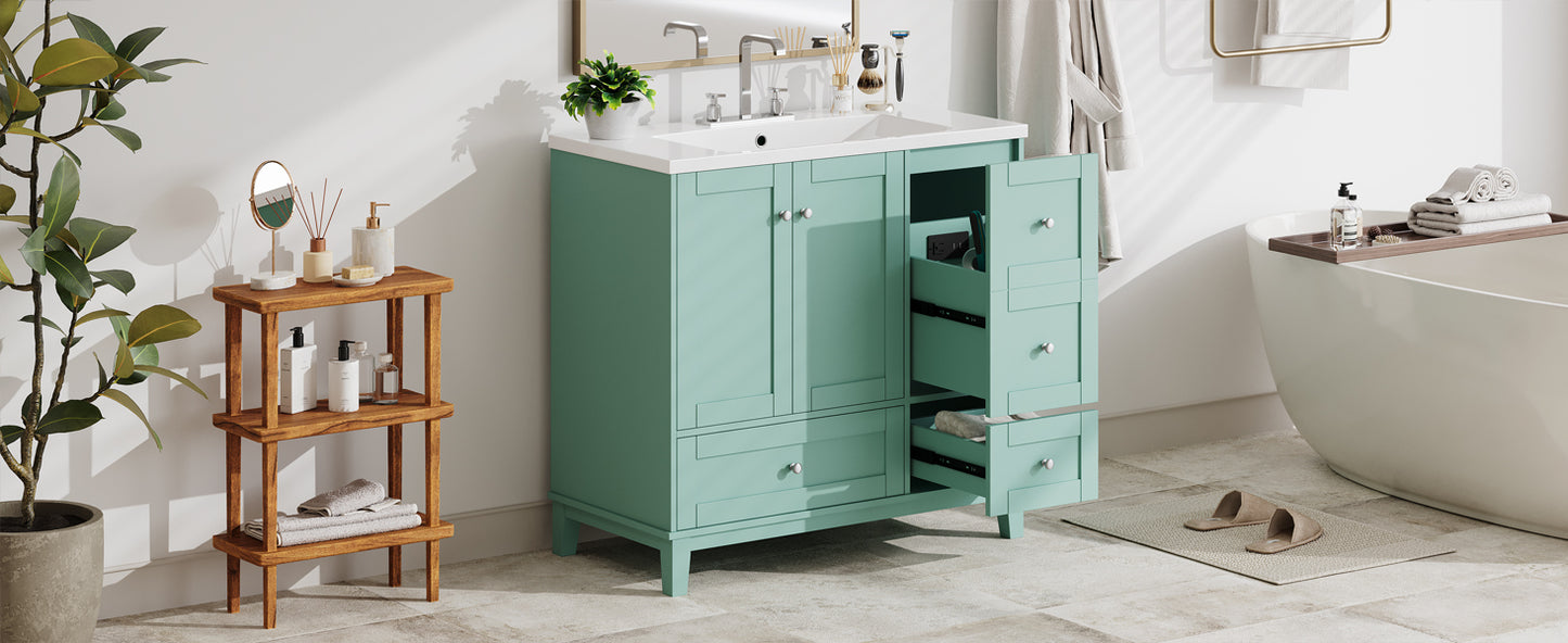 Aqua bathroom vanity with double sinks open drawers and chrome hardware