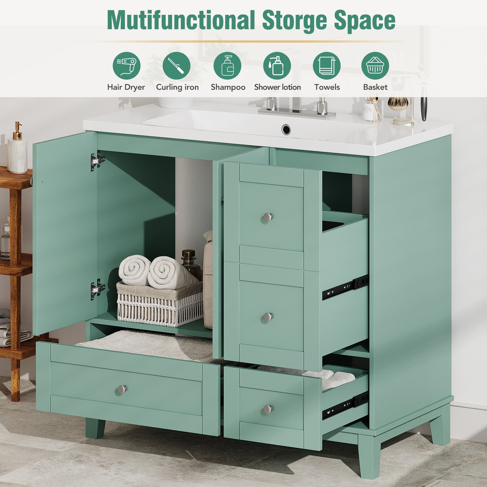 Teal bathroom vanity with open doors showing towels and basket storage