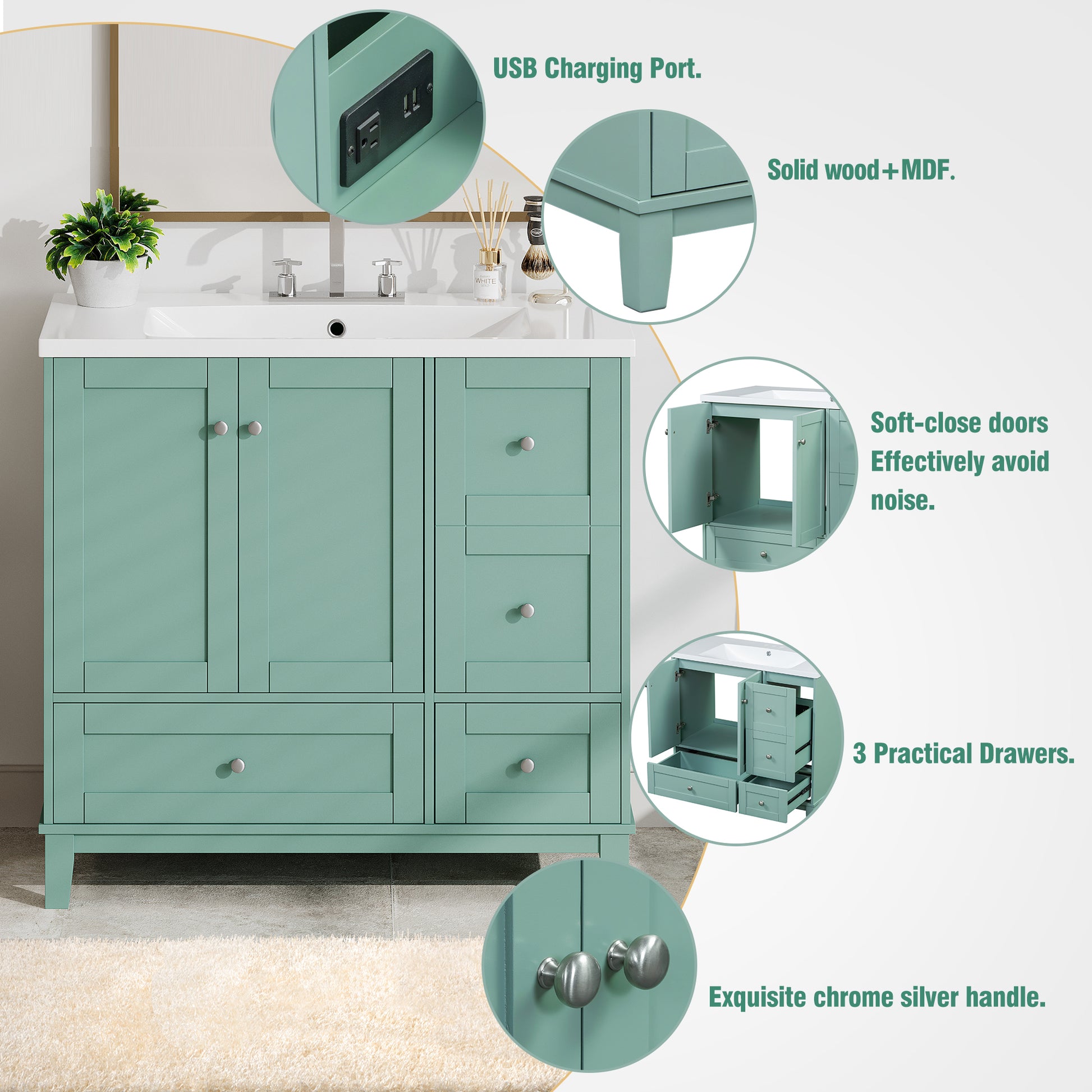 Aqua green bathroom vanity with USB charging port  drawers and softclose doors