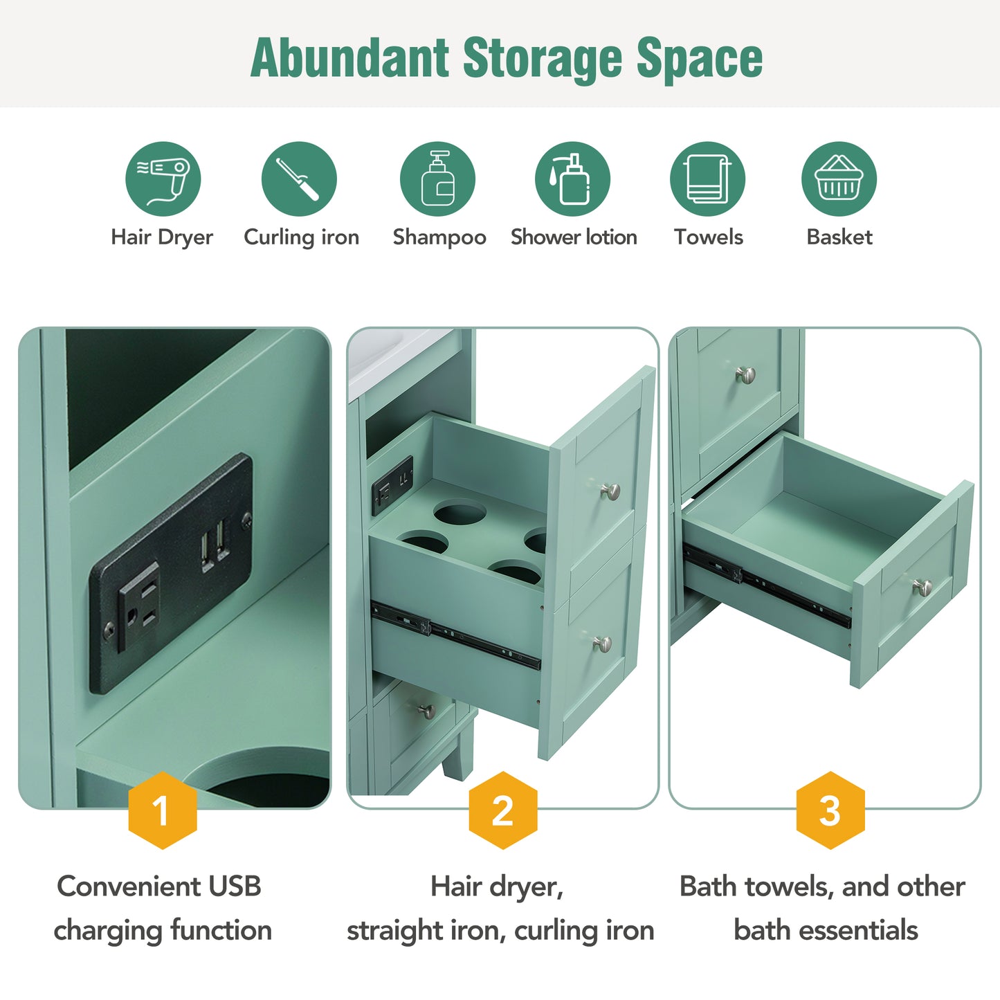 Green bathroom vanity with builtin USB charging ports for convenience