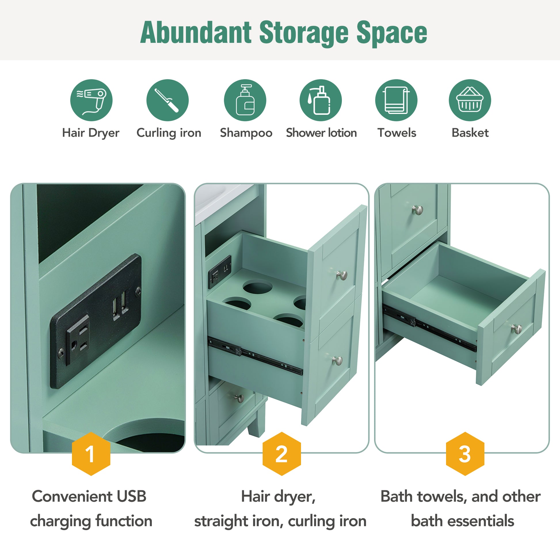 Green bathroom vanity with builtin USB charging ports for convenience