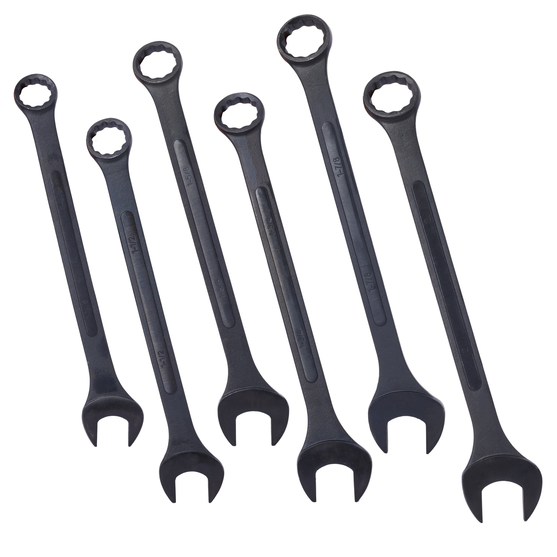 Set of six black steel wrenches sizes ranging from  to  inches essential tool kit