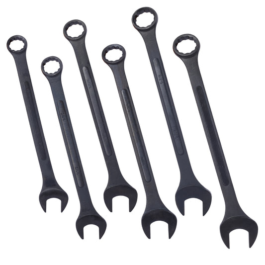 Set of six black steel wrenches sizes ranging from  to  inches essential tool kit