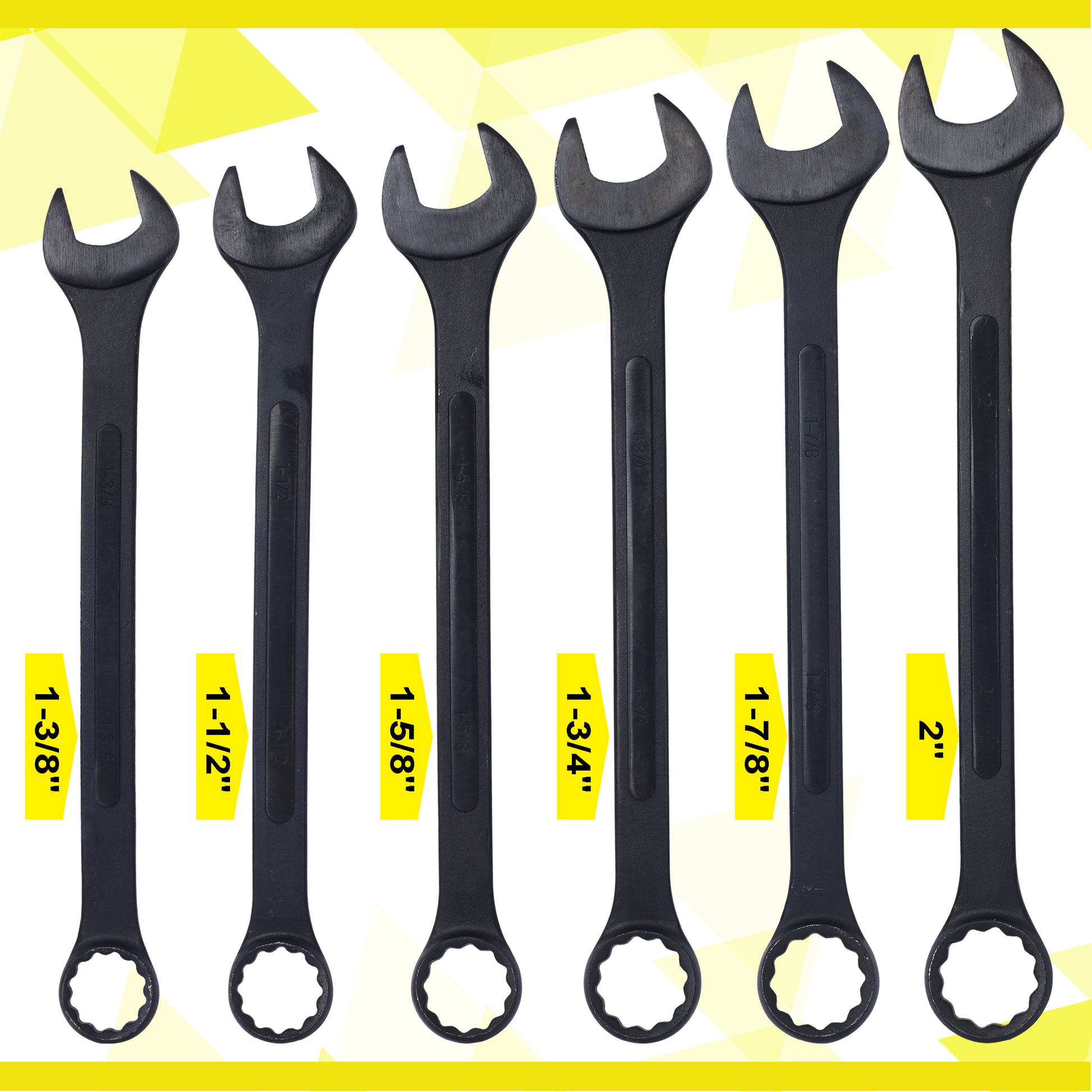 Set of six black steel combination wrenches sizes  to