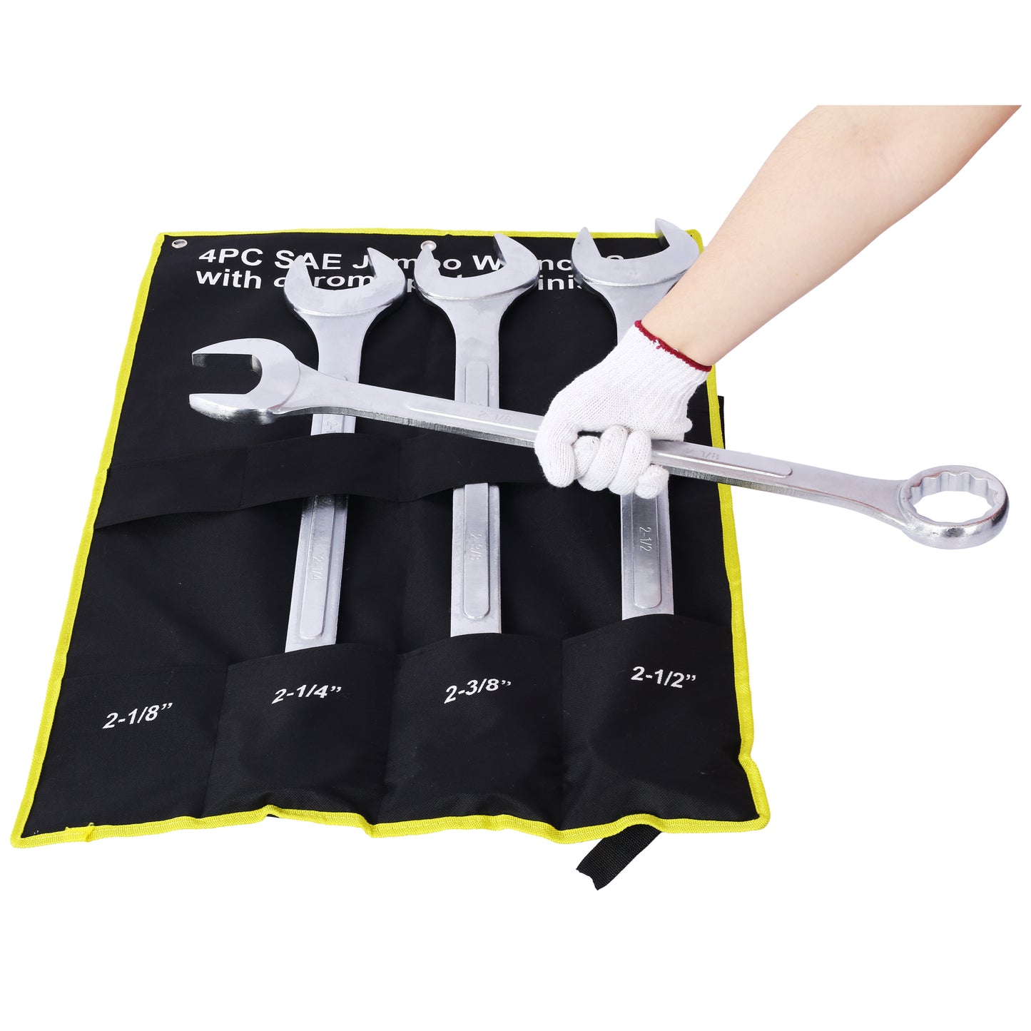 Set of four large SAE jumbo combination wrenches in a black rollup pouch