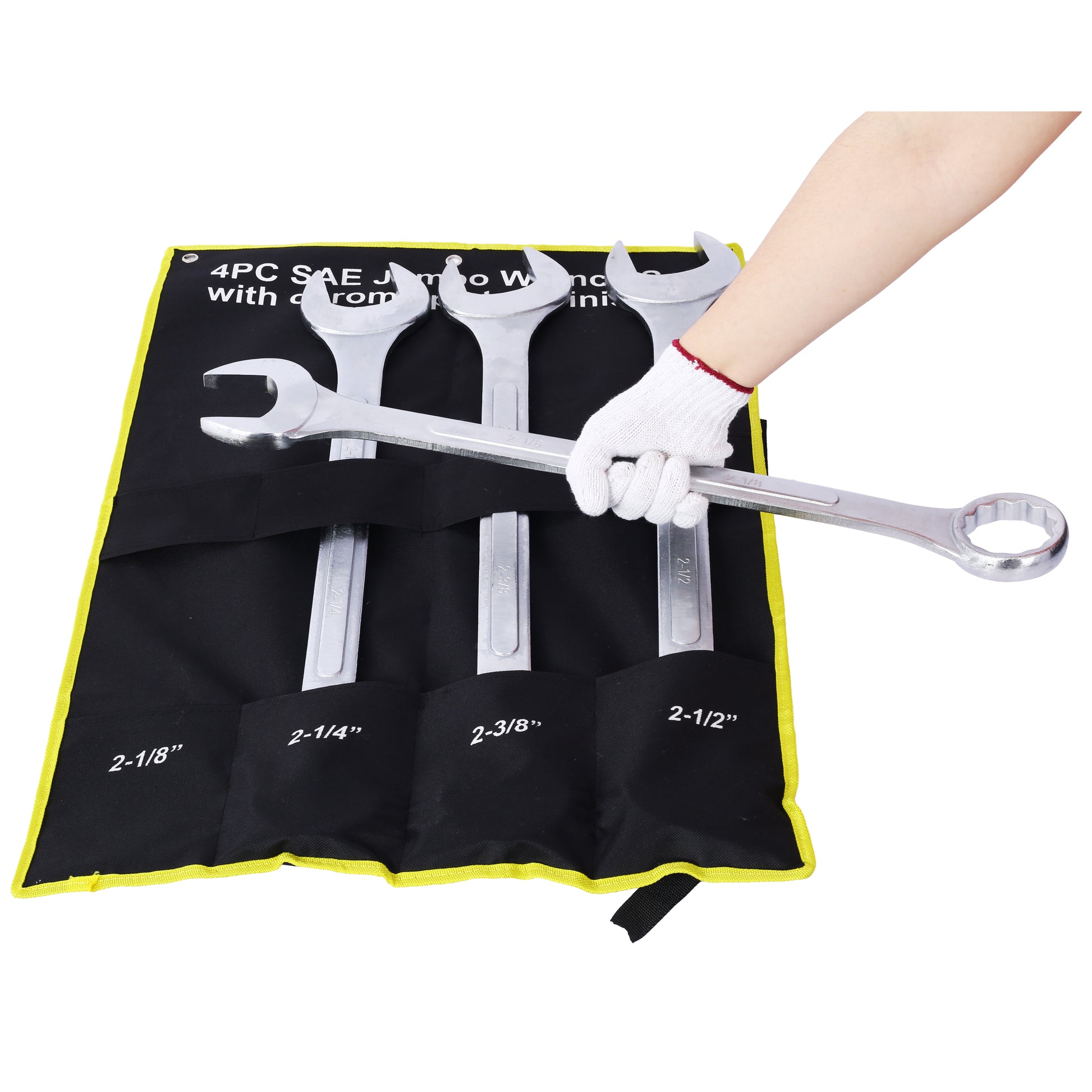 Set of four large SAE jumbo combination wrenches in a black rollup pouch