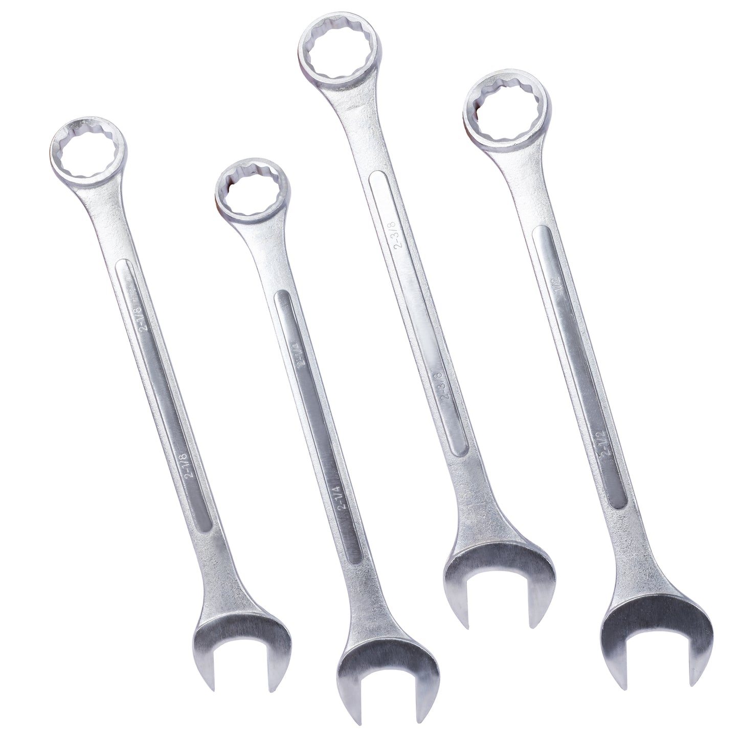 Four assorted chrome vanadium steel wrenches in various sizes for mechanical tasks