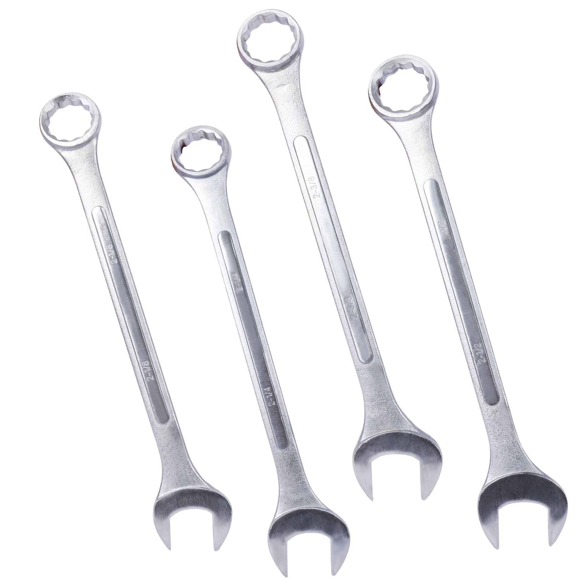 Four assorted chrome vanadium steel wrenches in various sizes for mechanical tasks