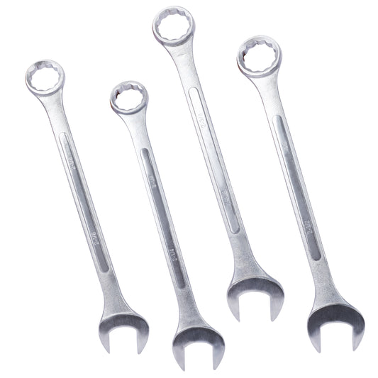 Four assorted chrome vanadium steel wrenches in various sizes for mechanical tasks