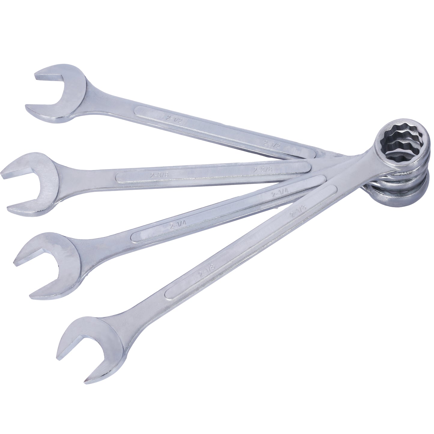 Set of four silver combination wrenches with sizes ranging from  to  inches