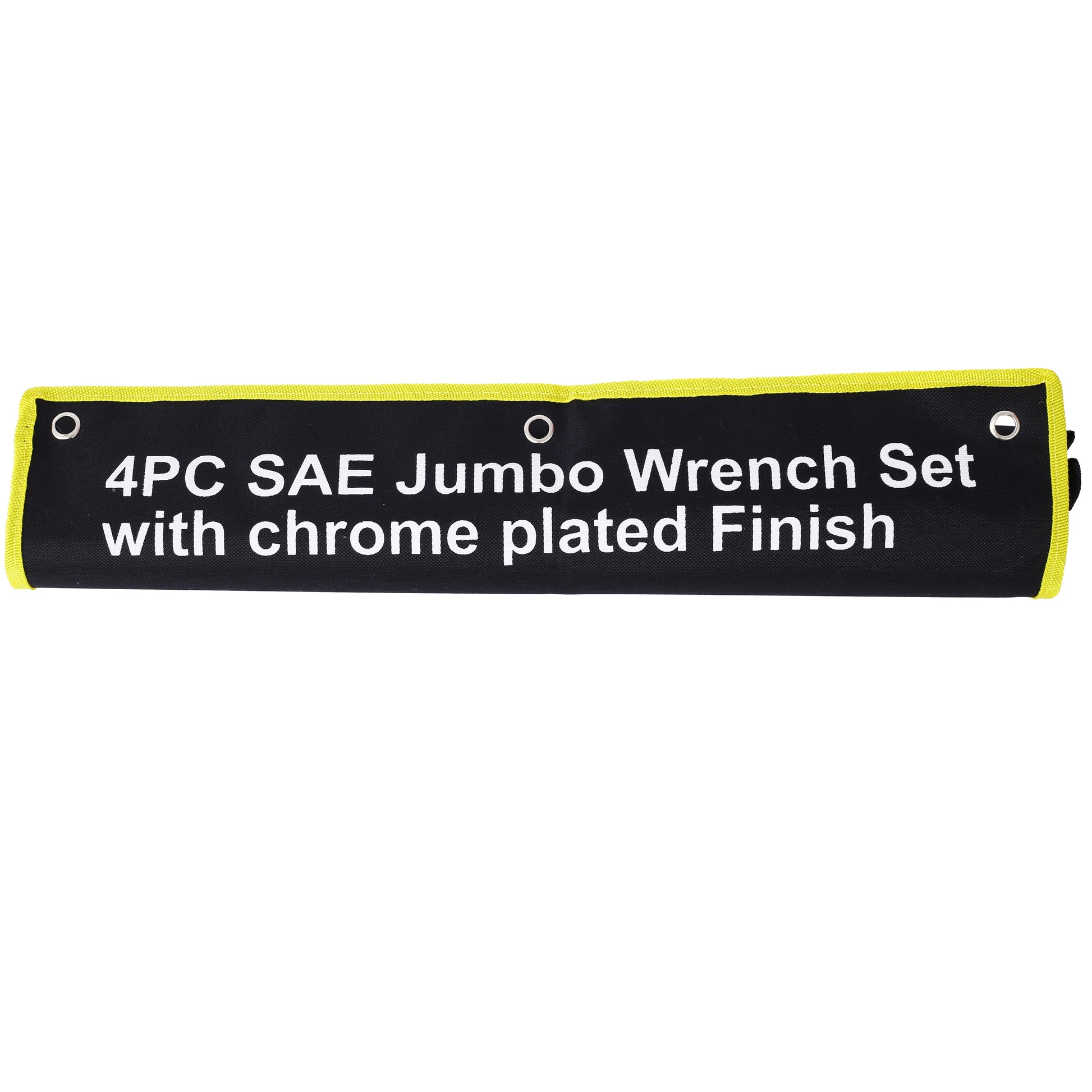 Black fabric roll case with yellow trim holding a PC SAE jumbo wrench set