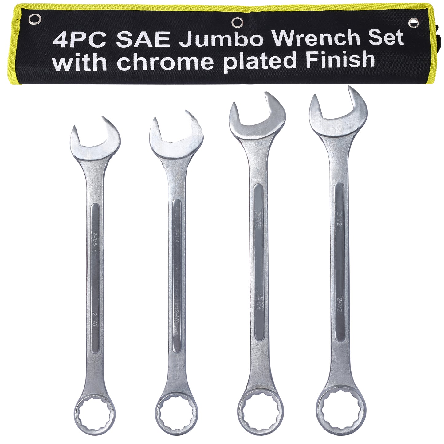 Four silver jumbo wrenches    and  inch sizes in a black pouch