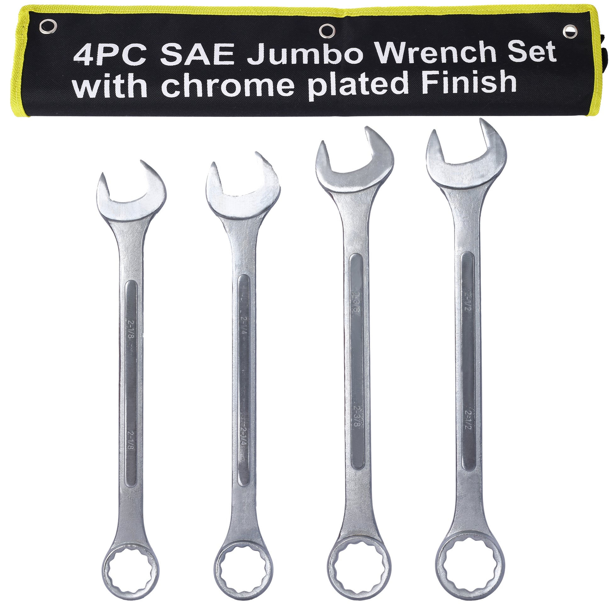 Four silver jumbo wrenches    and  inch sizes in a black pouch