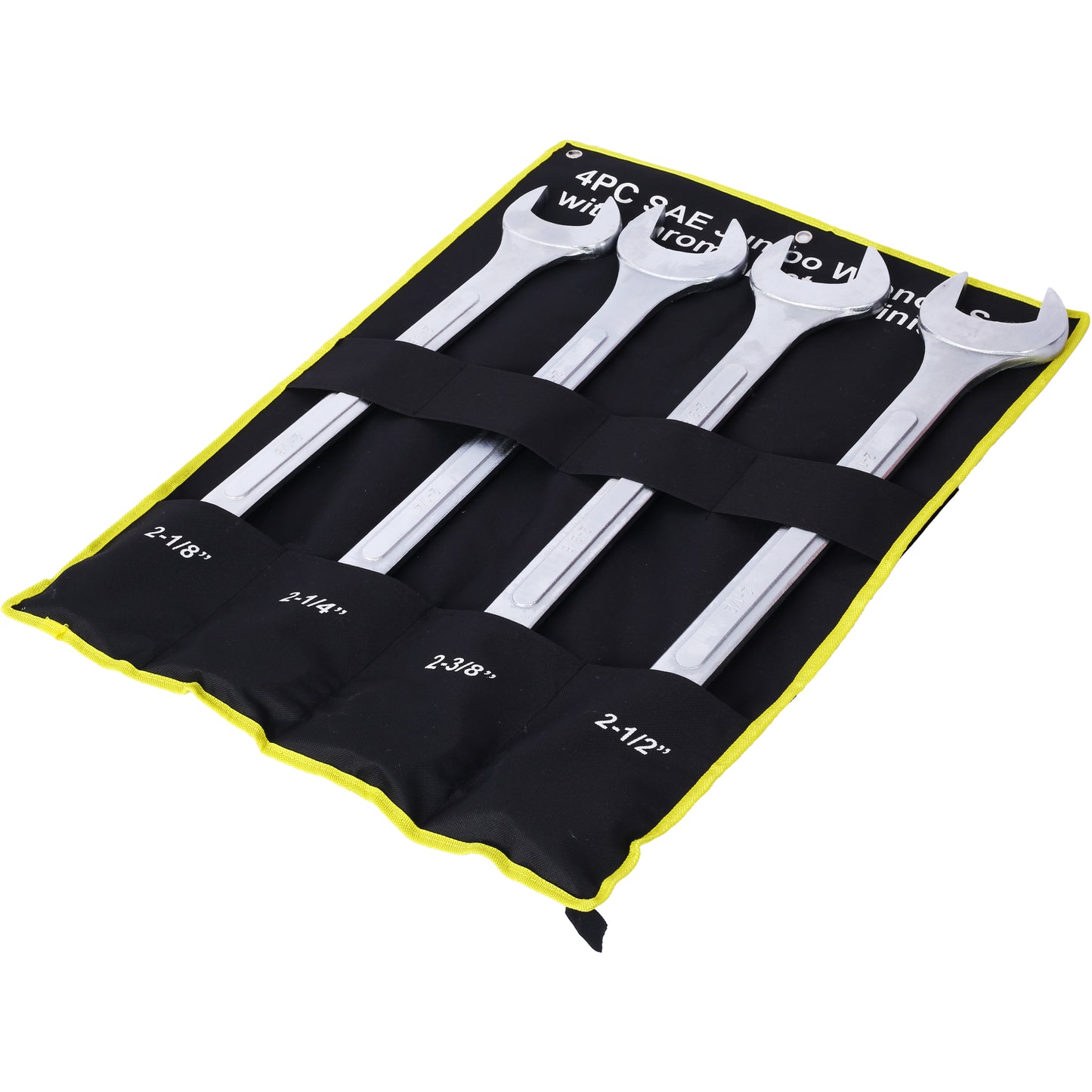 Four piece SAE jumbo wrench set with  inch  inch  inch and  inch sizes in a black rollup pouch