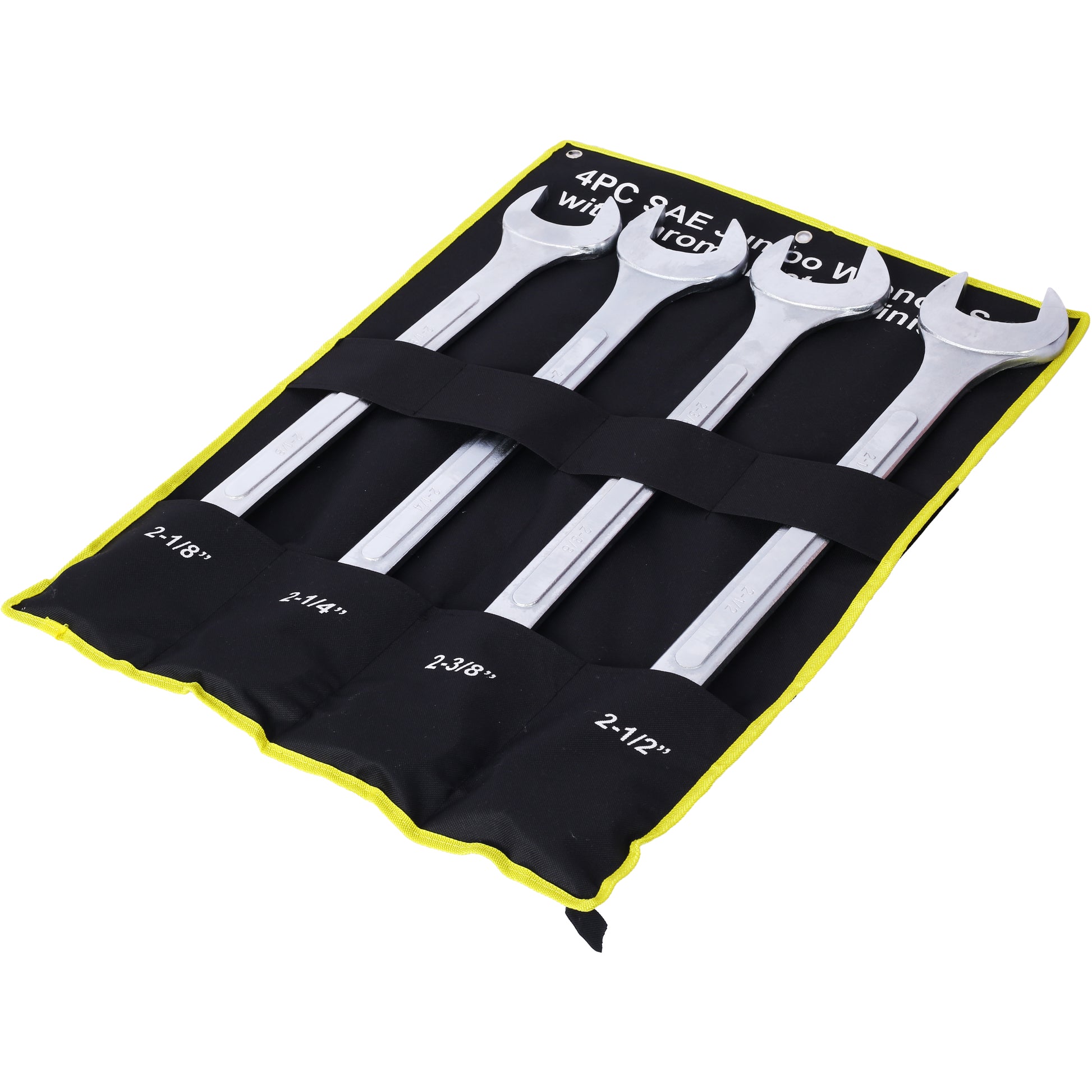 Four piece SAE jumbo wrench set with  inch  inch  inch and  inch sizes in a black rollup pouch