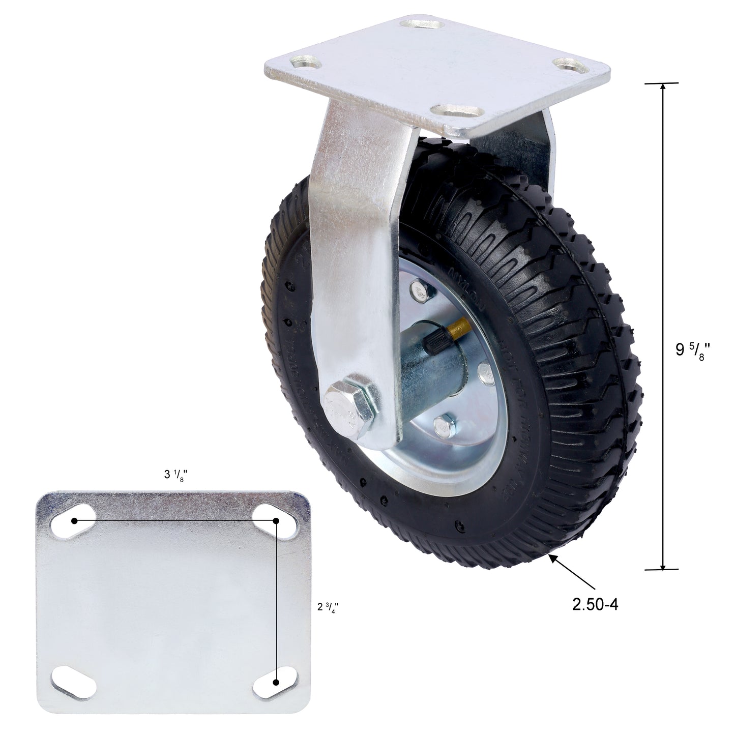 Heavyduty caster wheel with pneumatic tire and steel mounting plate for industrial use