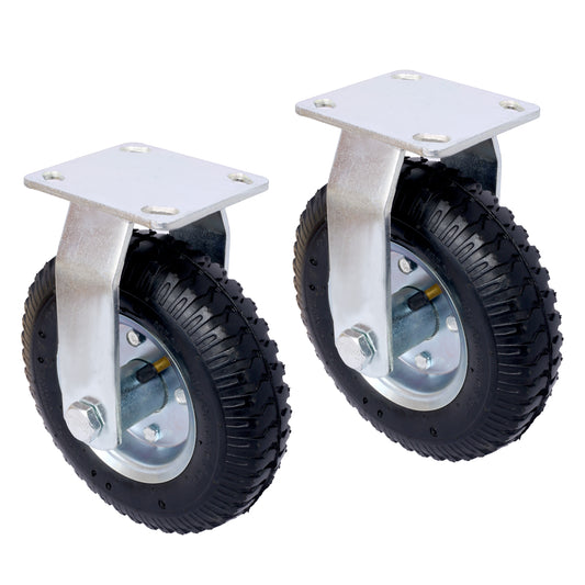 Two heavy duty casters with pneumatic rubber tires and galvanized steel mounting plates