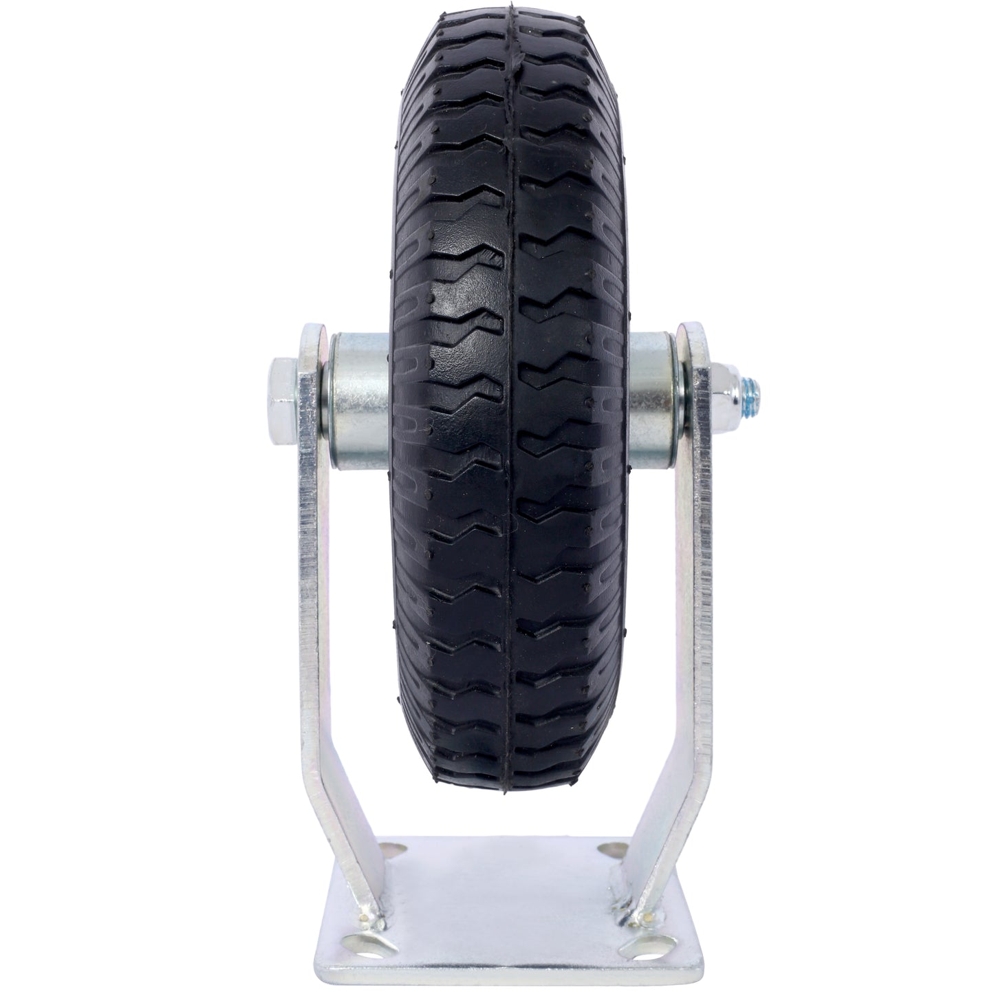 Black rubber industrial caster wheel with a silver metal bracket and axle