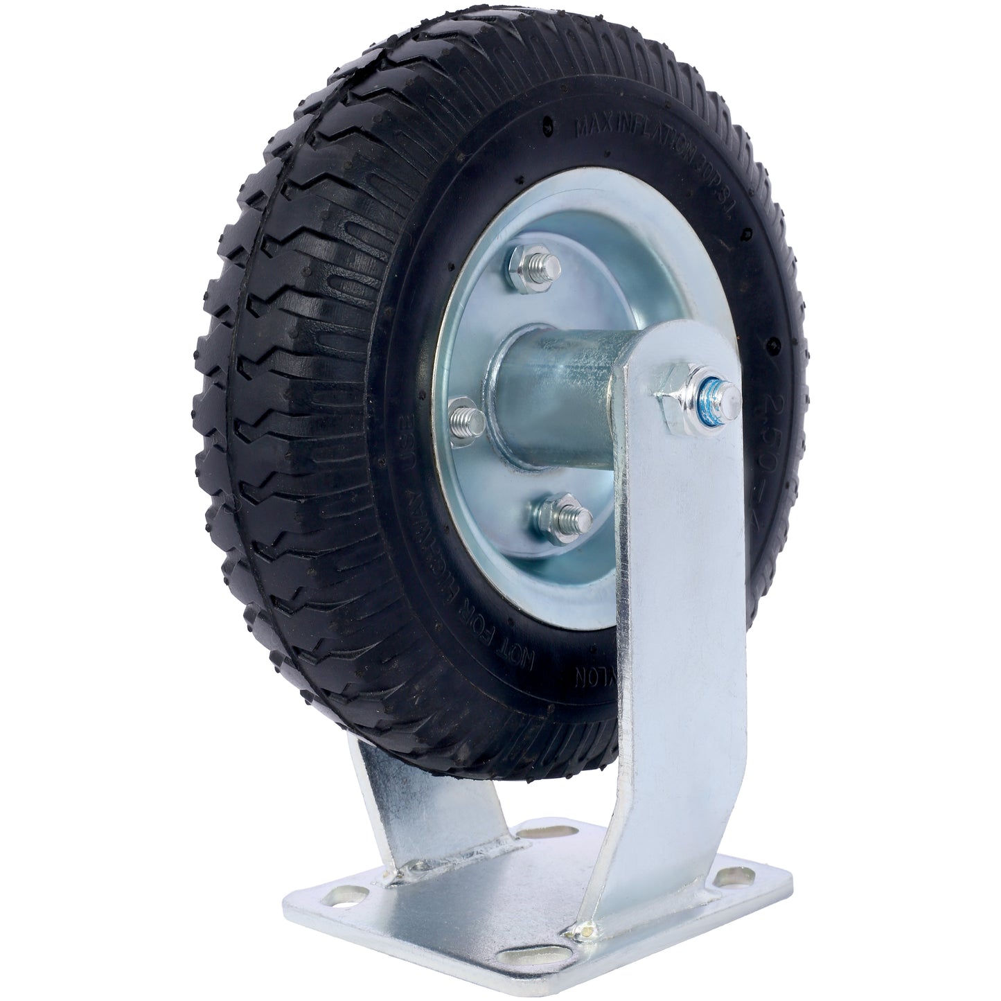 Pneumatic caster wheel with ribbed black tire and galvanized steel mounting bracket