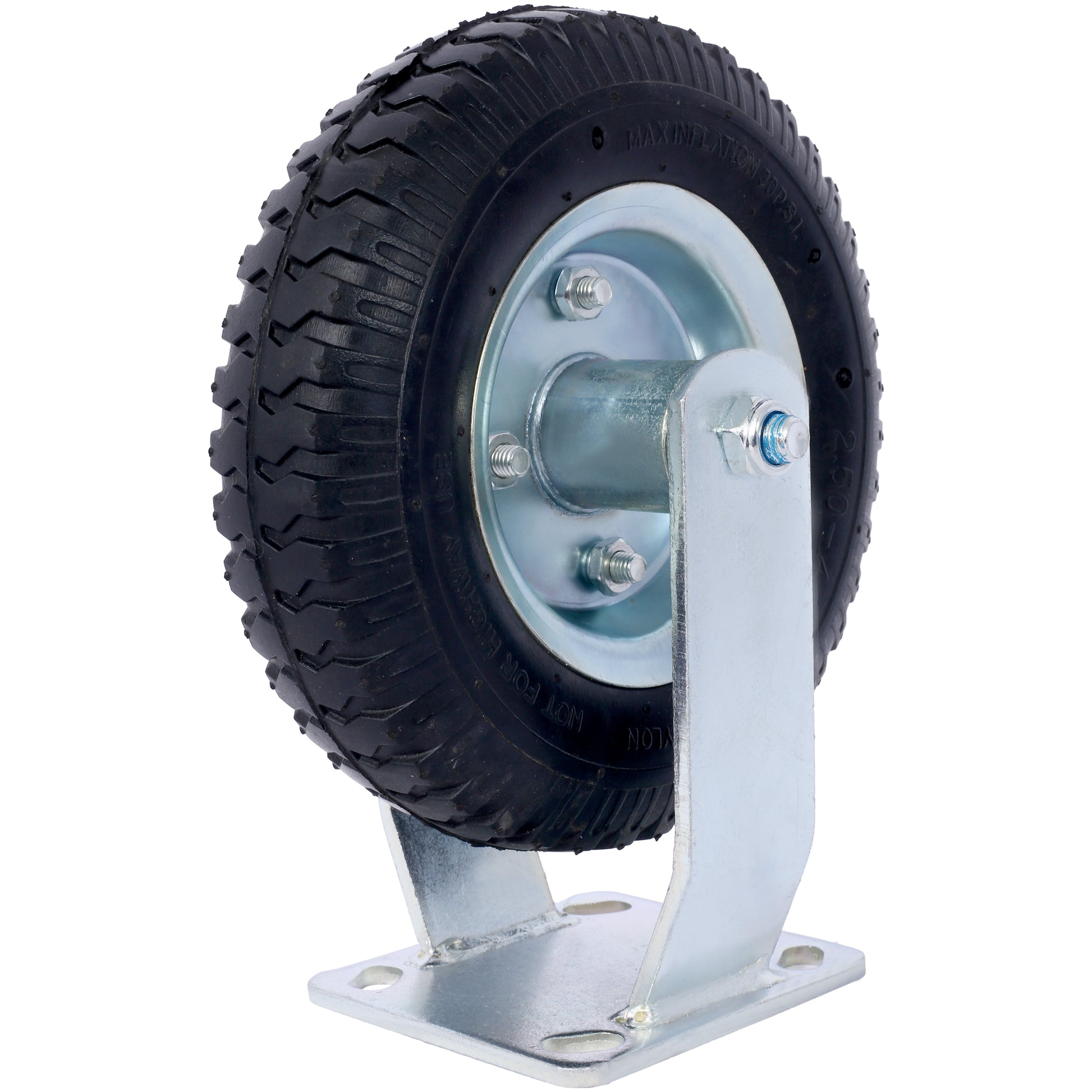 Pneumatic caster wheel with ribbed black tire and galvanized steel mounting bracket