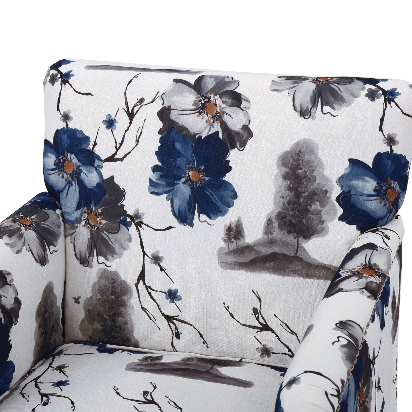Floral armchair with blue and gray blossoms on white fabric Accent chair for living room