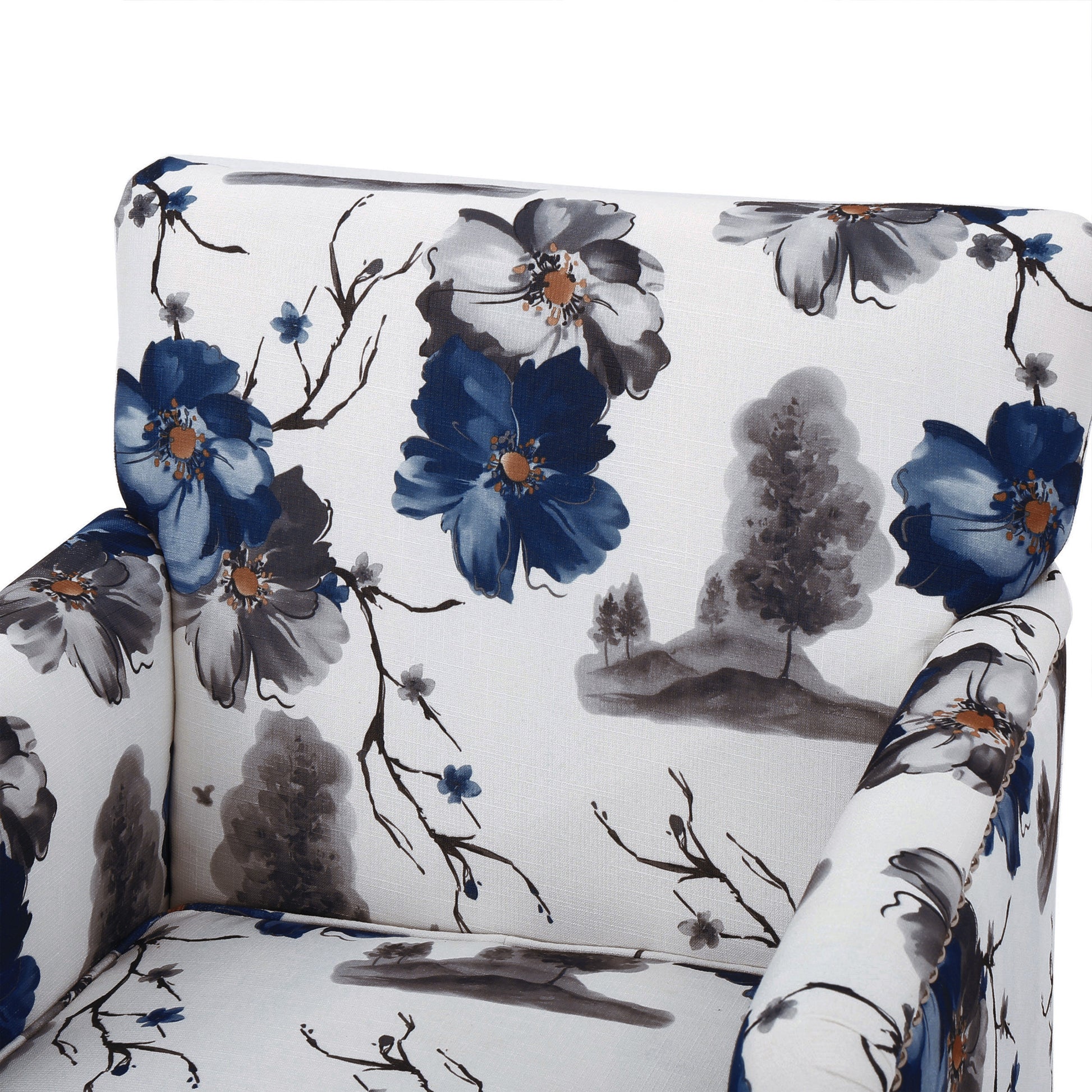 Floral armchair with blue and gray blossoms on white fabric Accent chair for living room