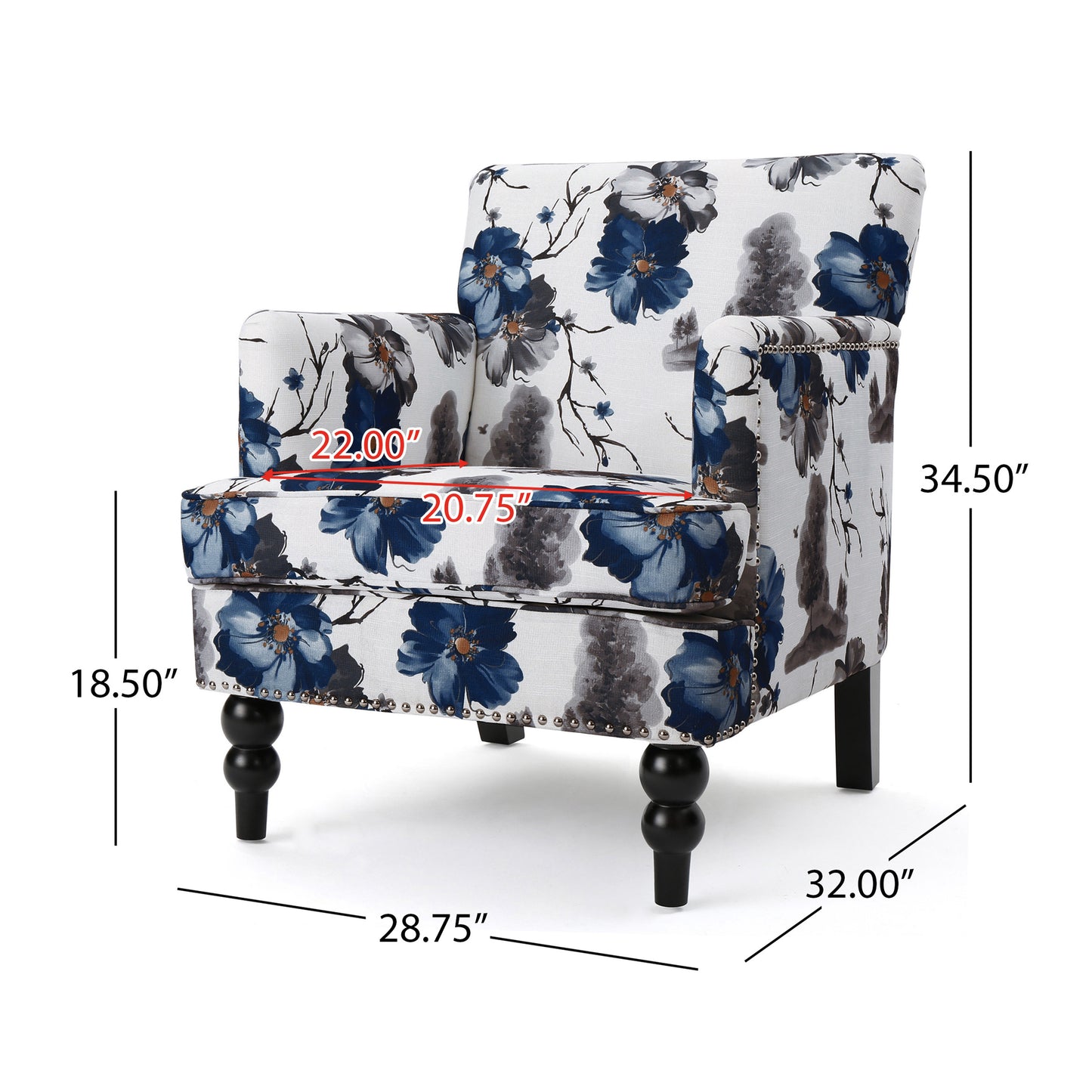 Accent chair with bold blue floral print on white fabric featuring tufted arms and silver nailhead trim