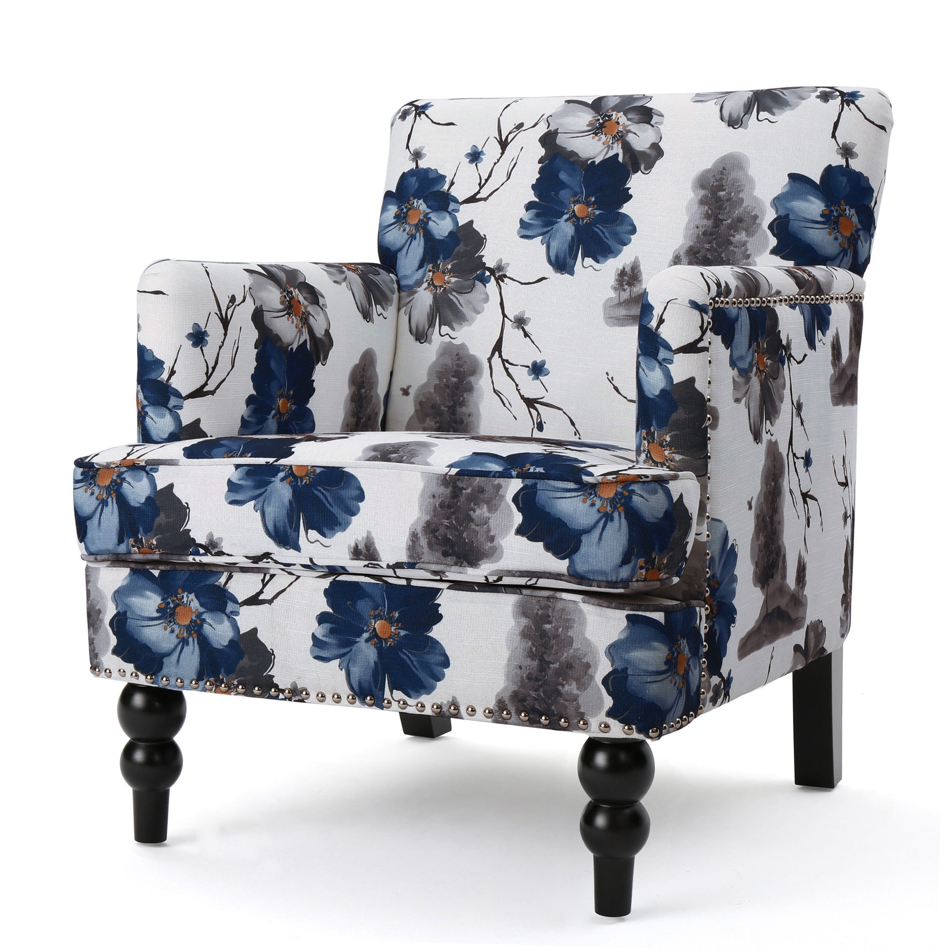 Floral accent chair with navy blue blossoms and studded trim