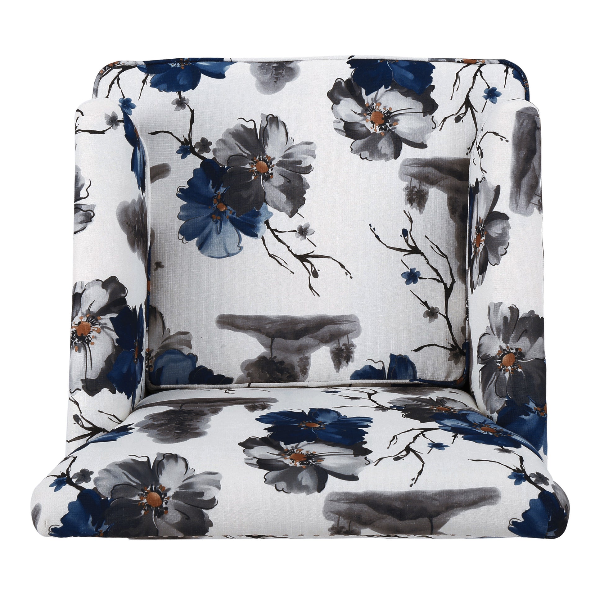 Modern armchair with blue and gray floral print fabric upholstery