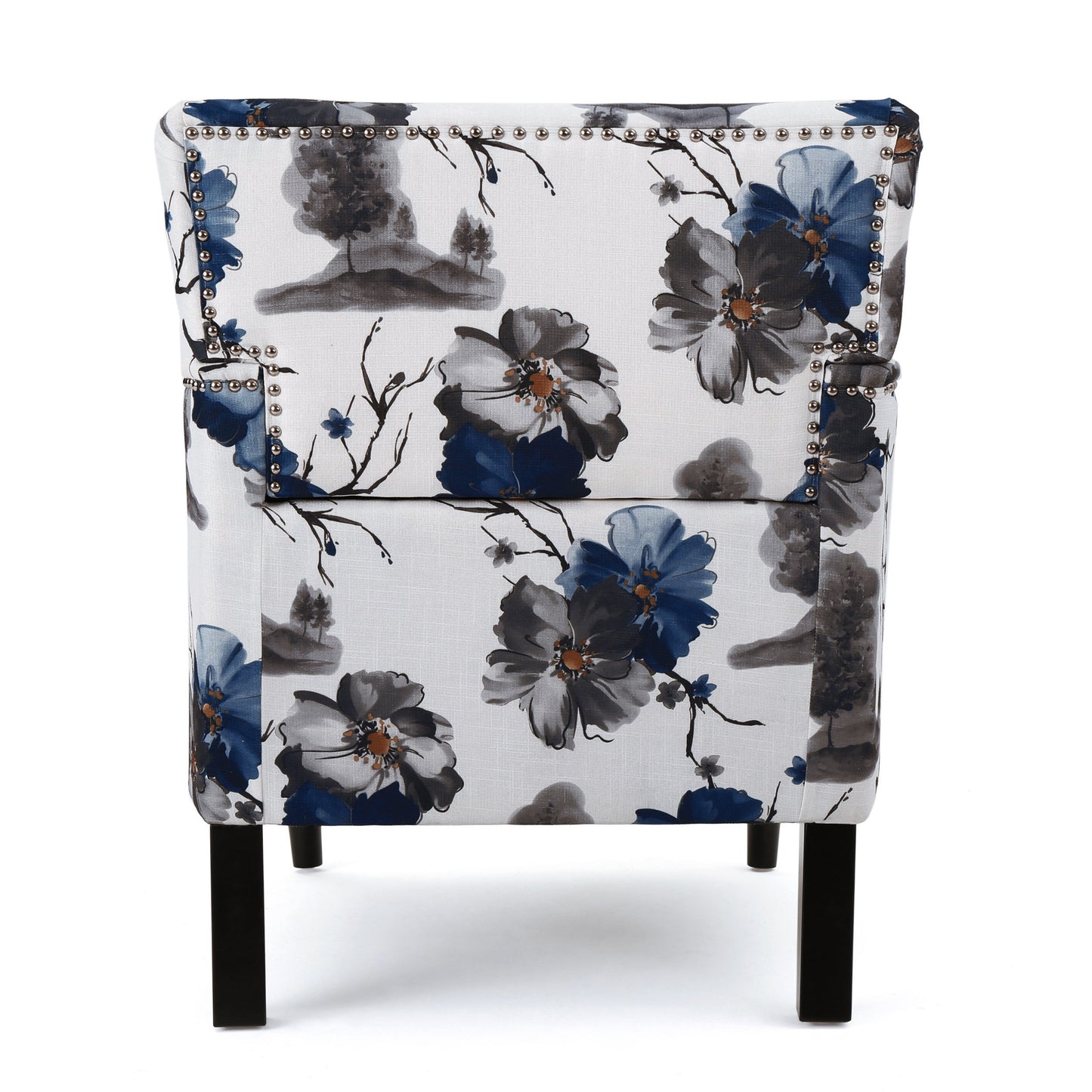 Accent chair with a bold floral print in blue and gray on white fabric featuring nailhead trim and dark wood legs