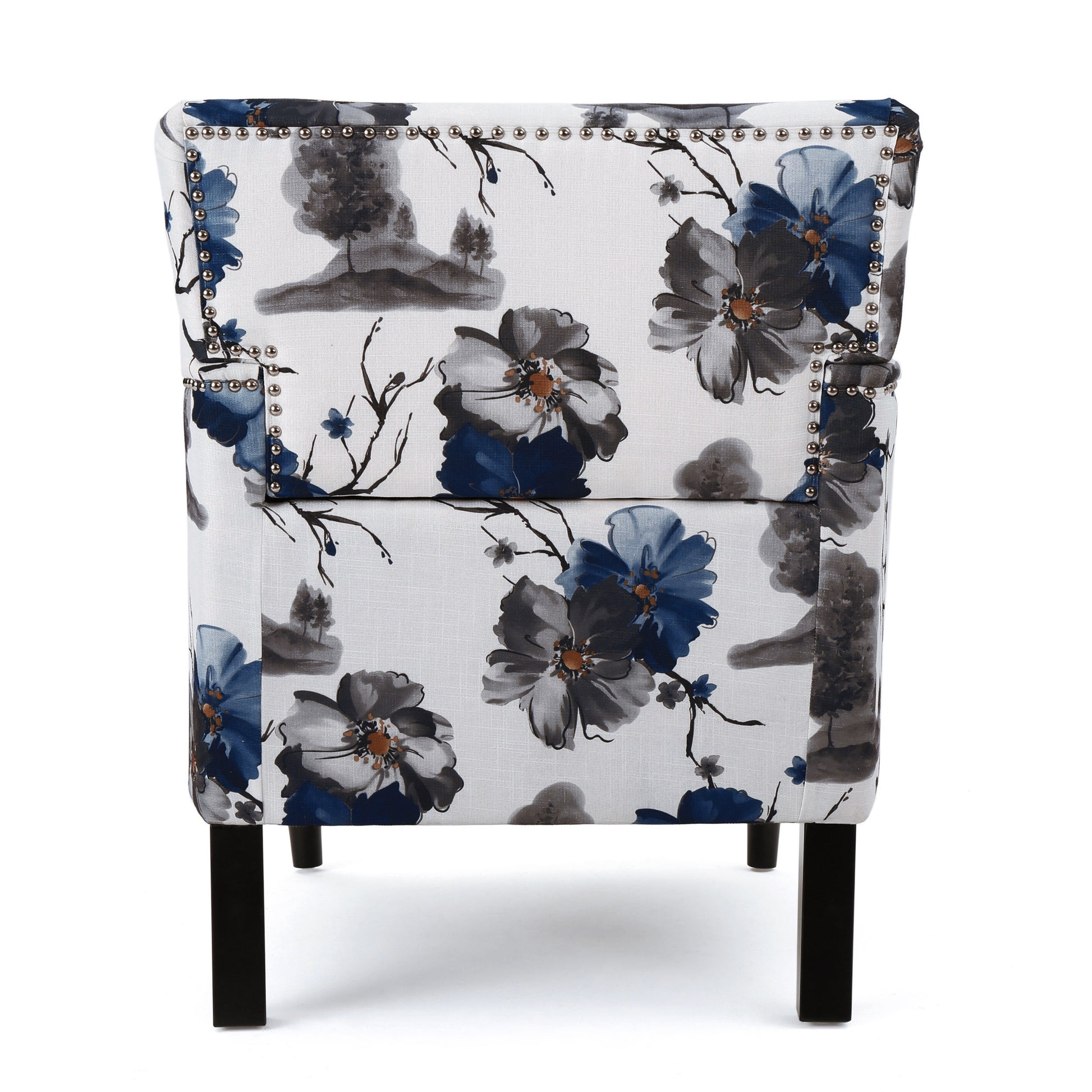 Accent chair with a bold floral print in blue and gray on white fabric featuring nailhead trim and dark wood legs