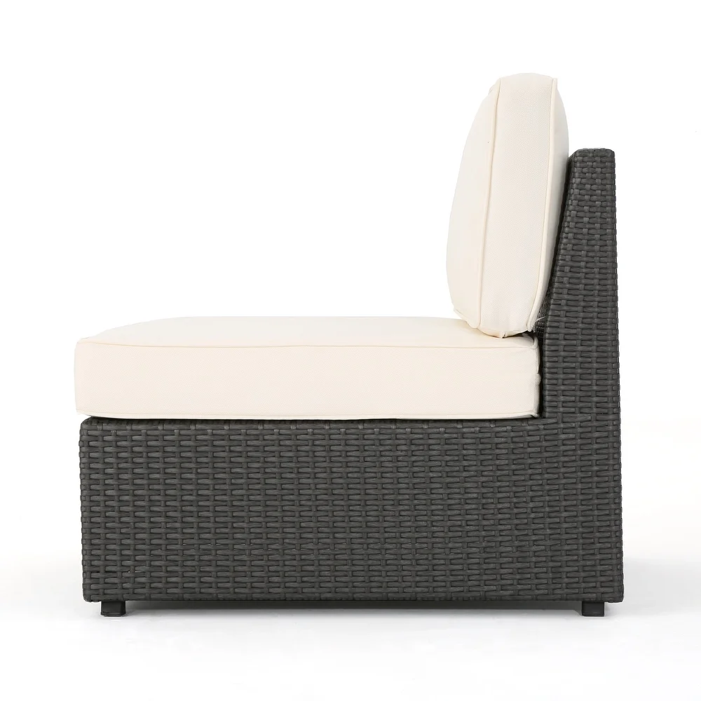 Dark gray wicker outdoor armless chair with cream cushions modern patio furniture