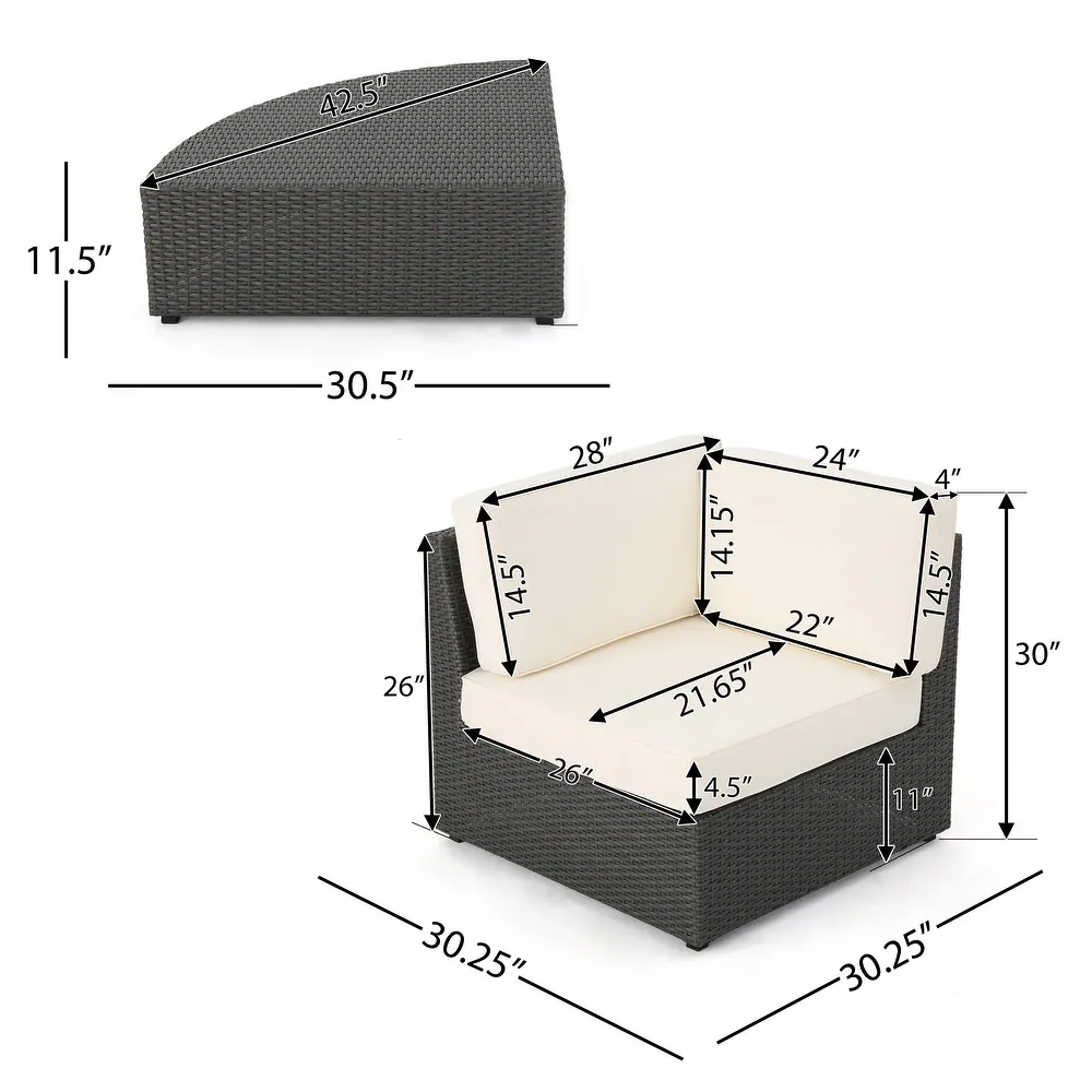 Dark grey wicker outdoor sectional corner chair with cream cushions dimensions shown