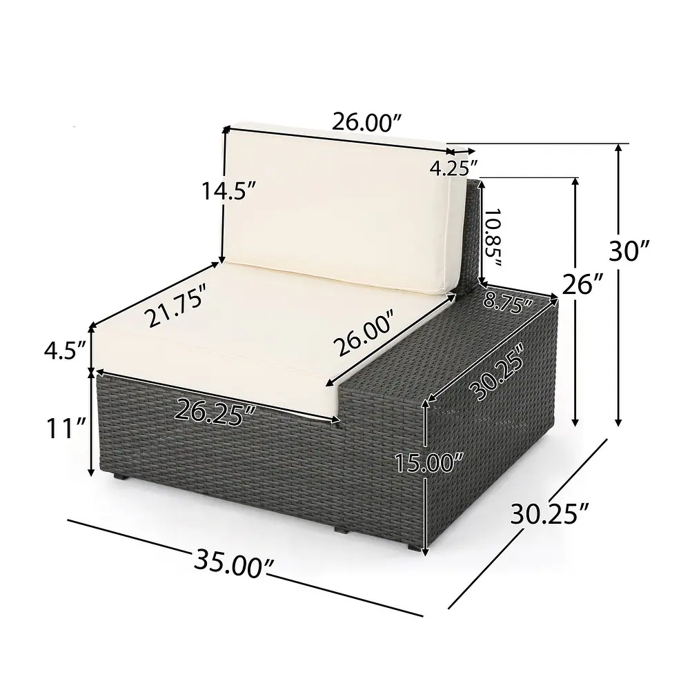 Dark gray wicker patio loveseat sectional with cream cushions and dimensions shown