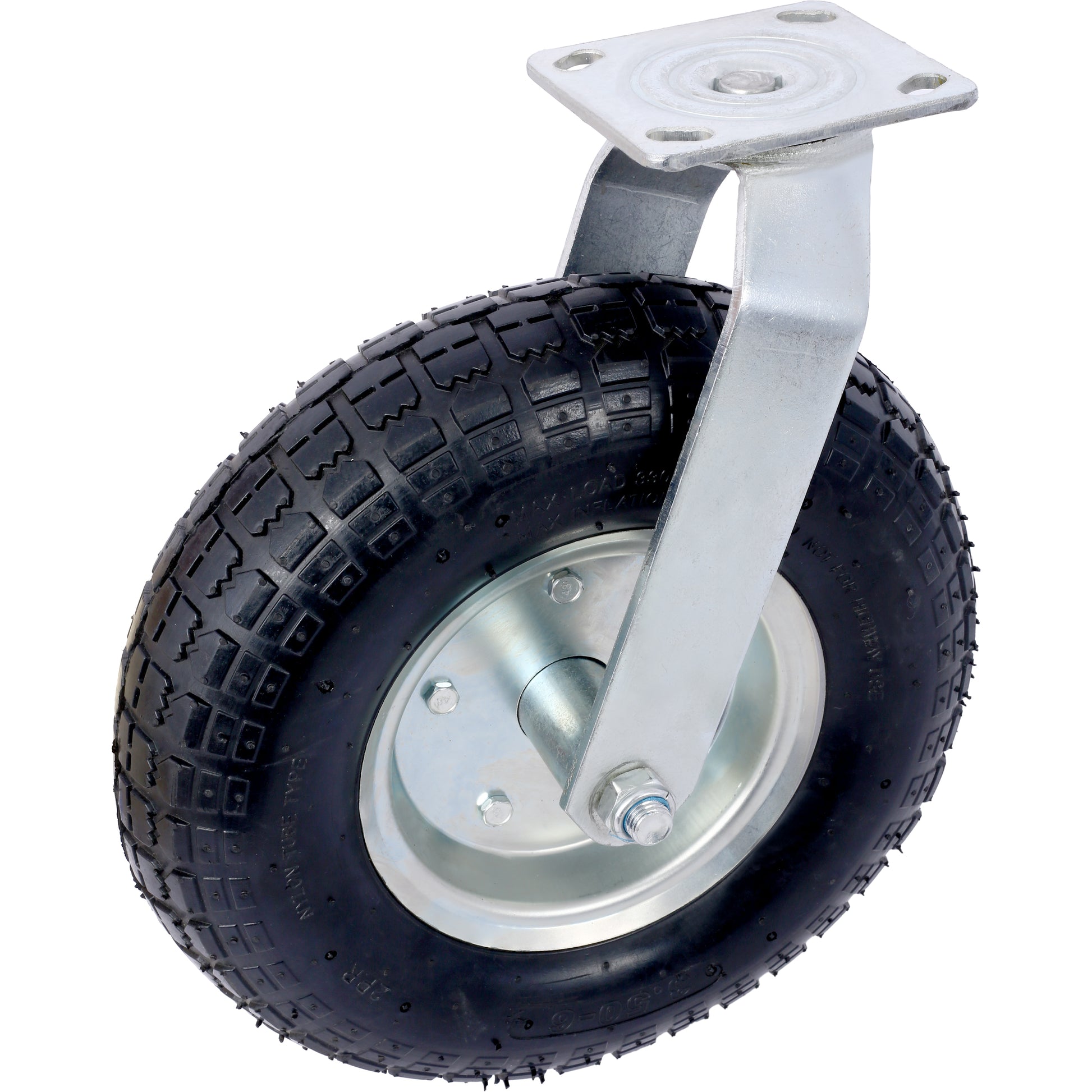 Heavyduty pneumatic caster with a black tread tire and galvanized steel mounting plate