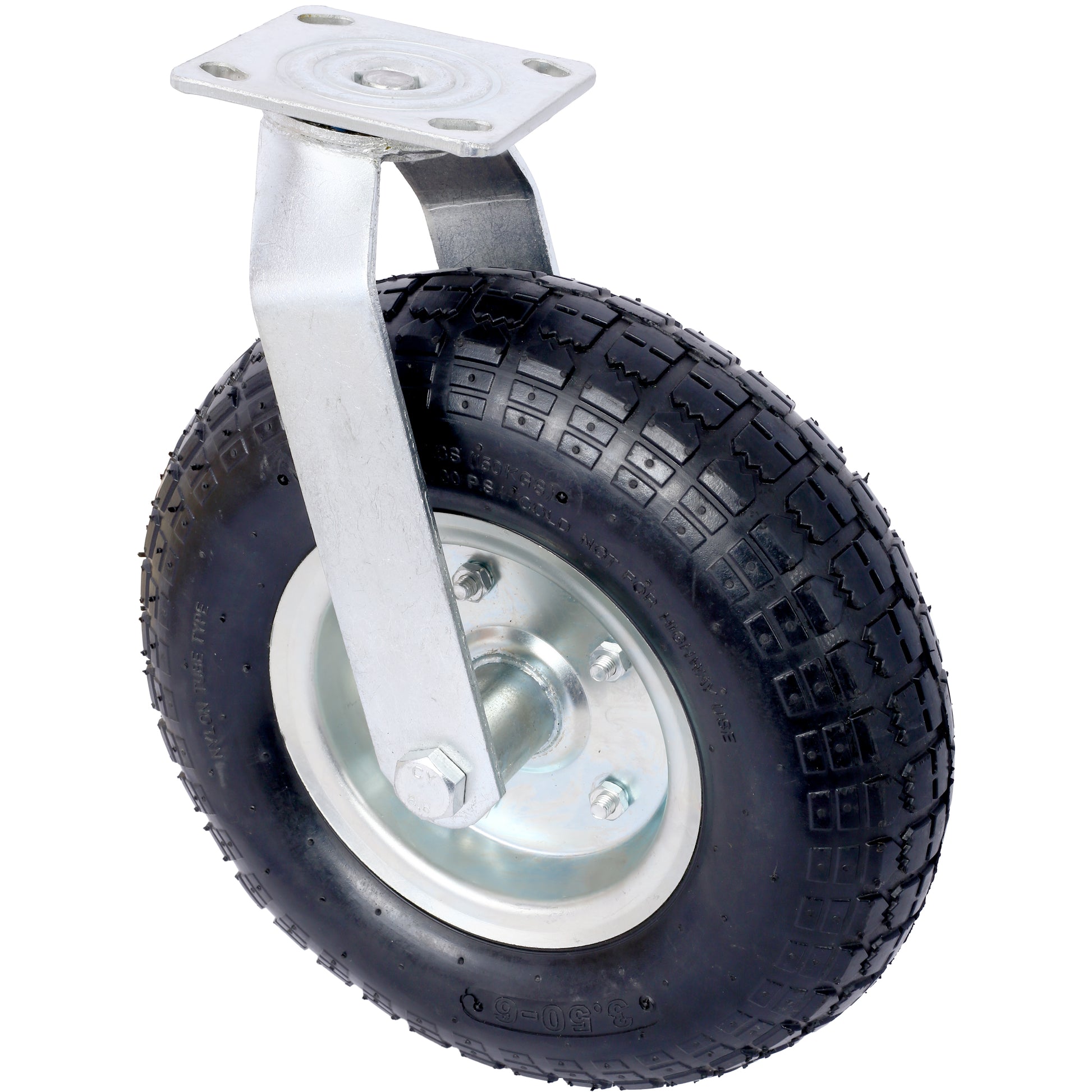 Heavyduty pneumatic caster wheel with a durable rubber tire and steel mounting plate