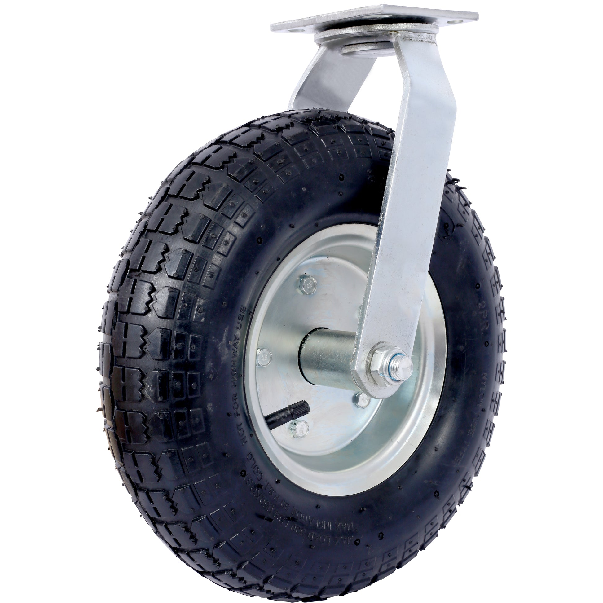 Heavy duty pneumatic caster wheel with thick tread for smooth rolling on rough surfaces