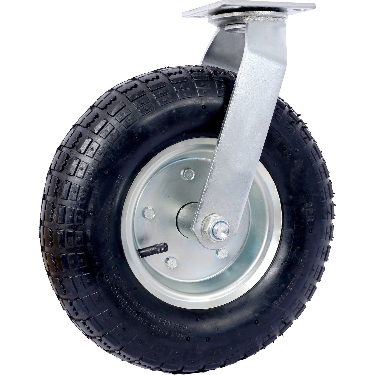 Pneumatic heavyduty caster wheel with a silver swivel bracket ideal for industrial carts