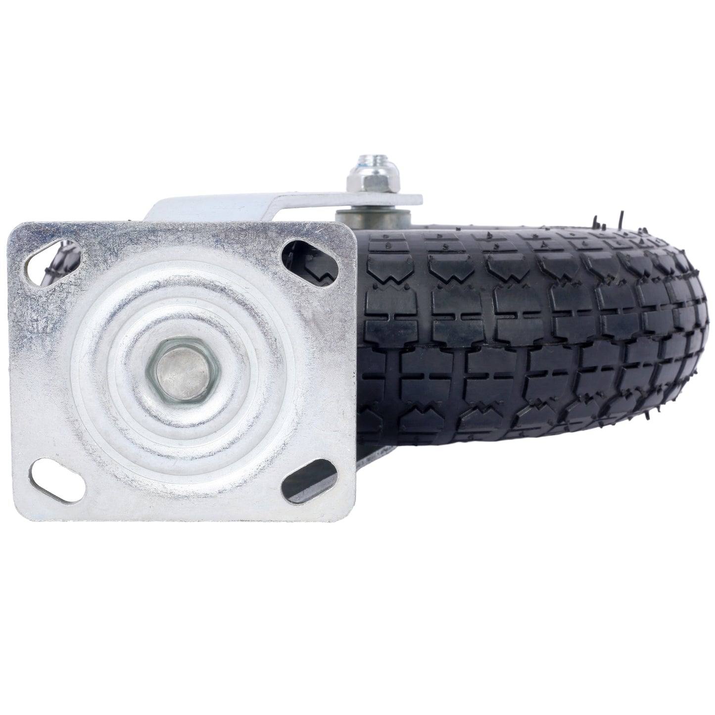 Heavy duty caster wheel with pneumatic tire and zincplated steel mounting plate for industrial carts
