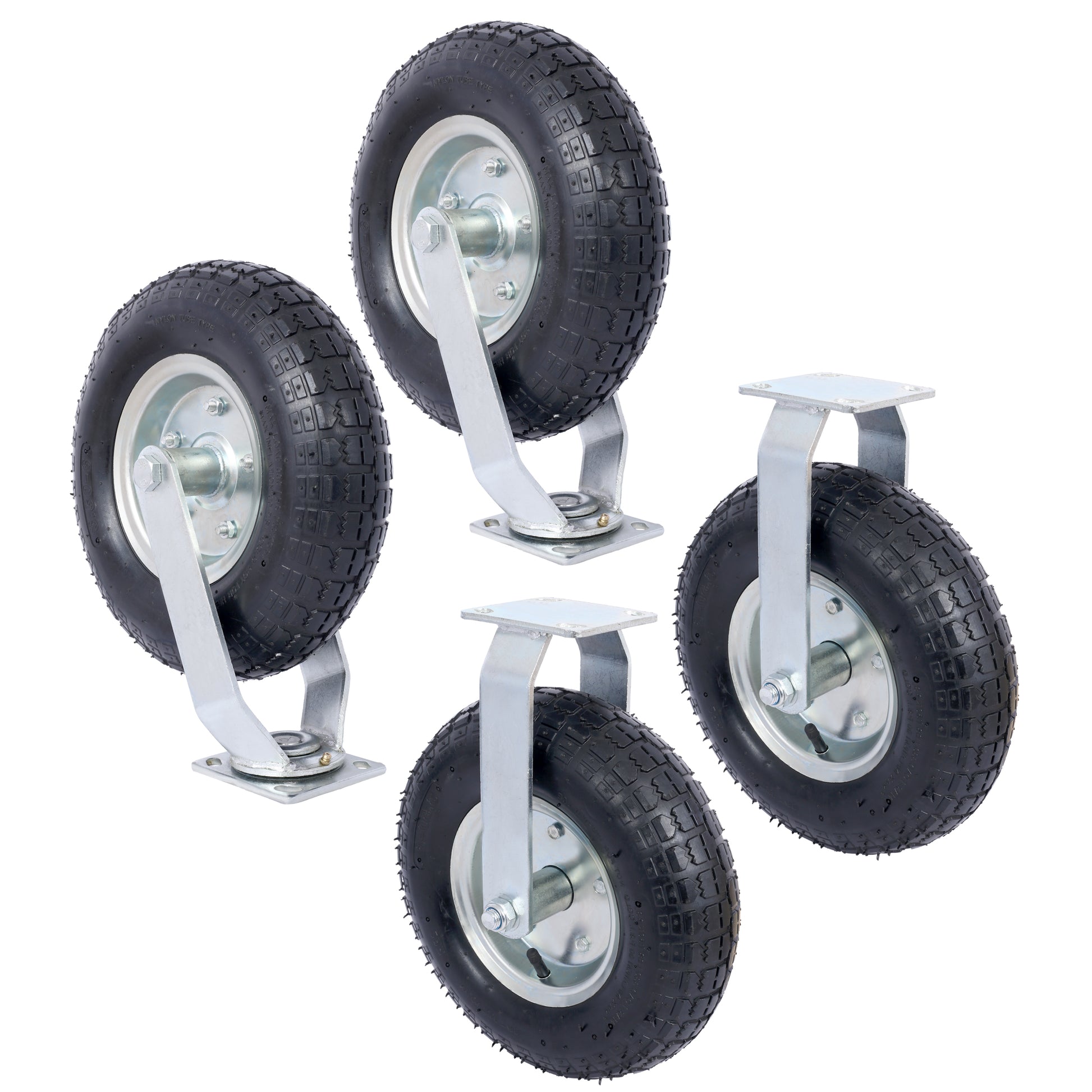 Set of four heavyduty pneumatic caster wheels with metal frames for trolleys