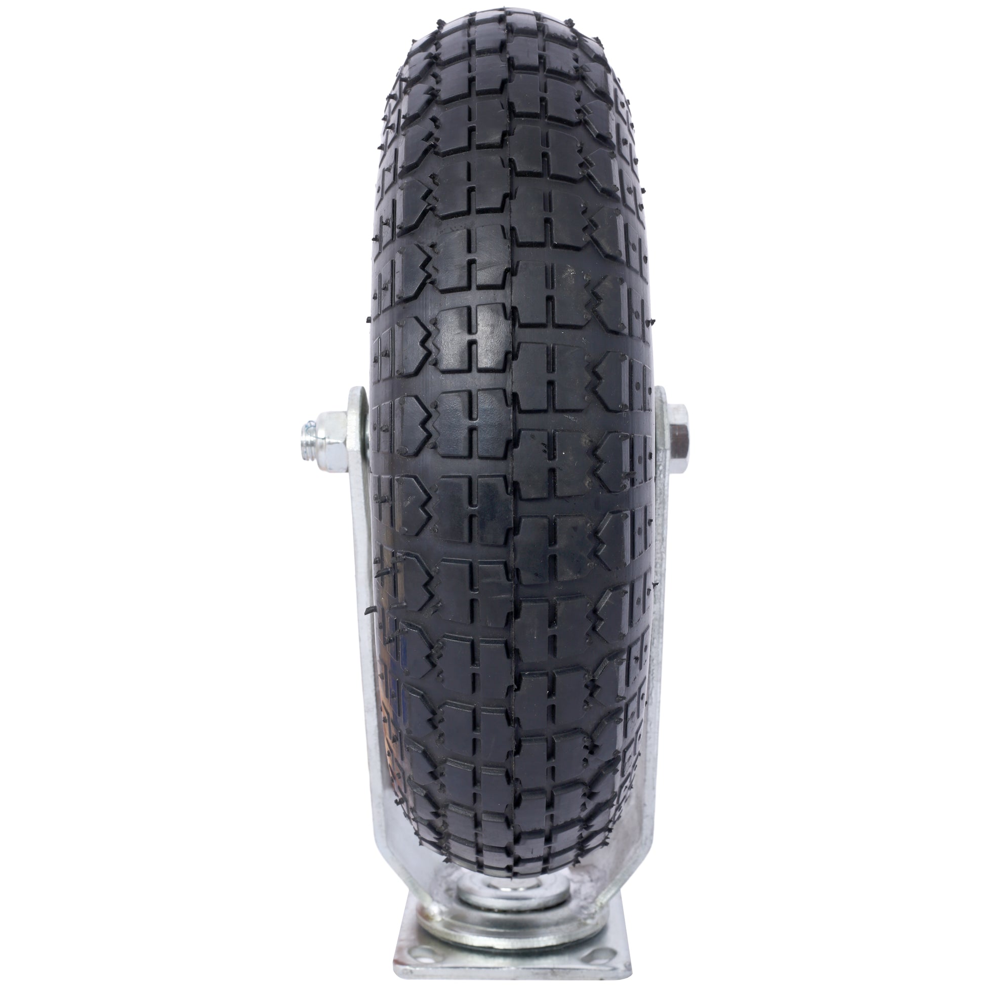 Heavyduty black rubber tire with deep tread attached to a silver metal caster wheel bracket