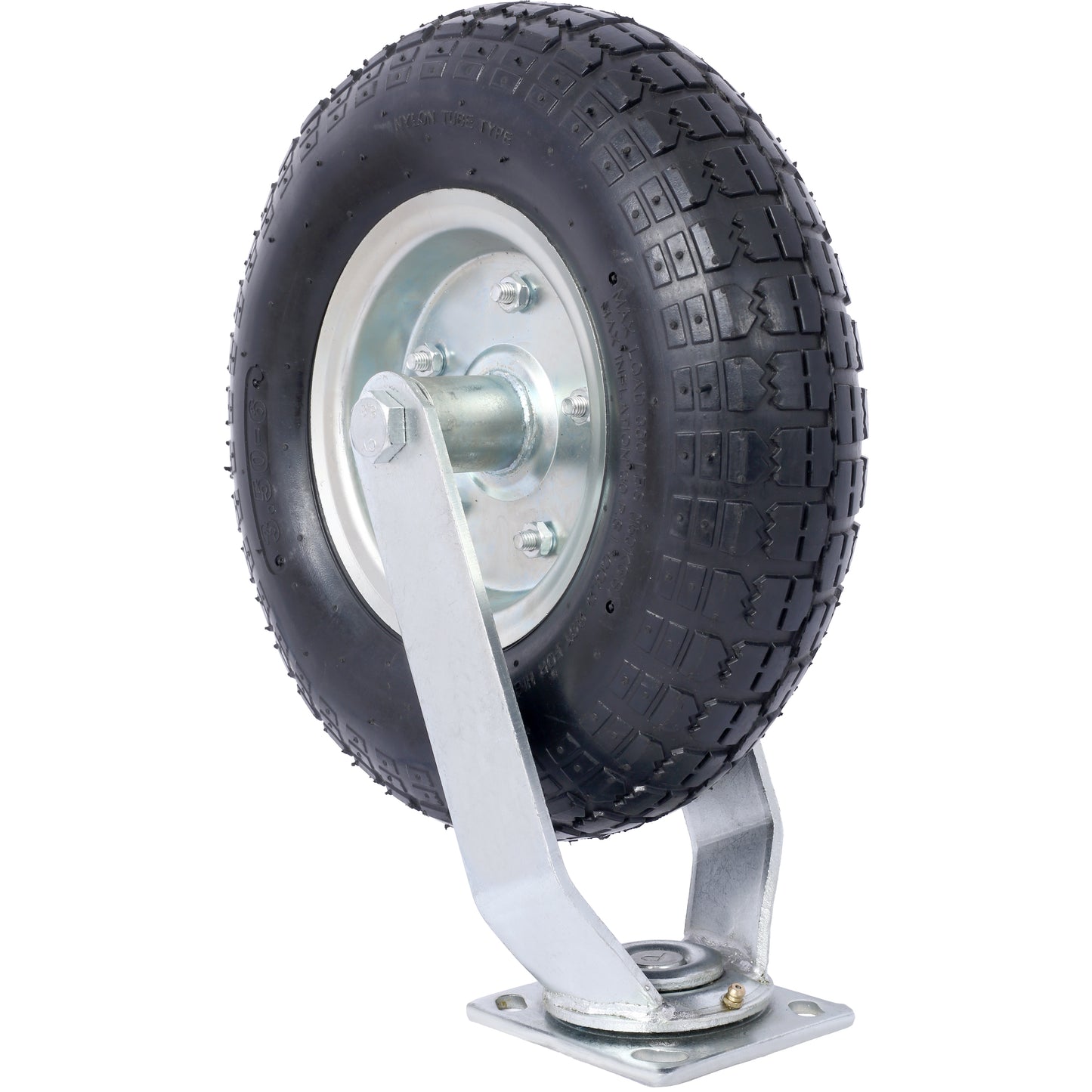 Heavy duty pneumatic caster wheel with metal rim and treaded tire