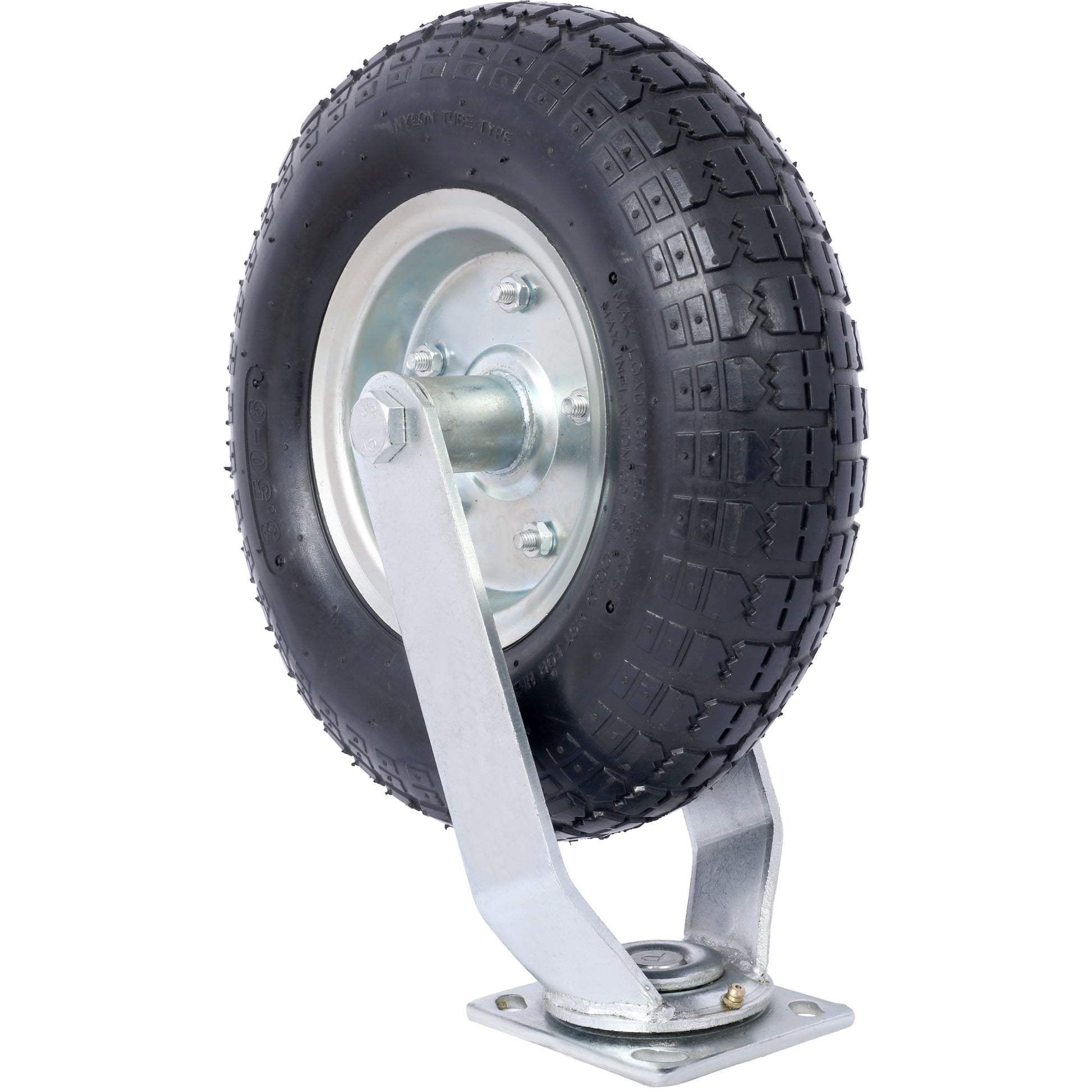 Heavy duty pneumatic caster wheel with metal rim and treaded tire
