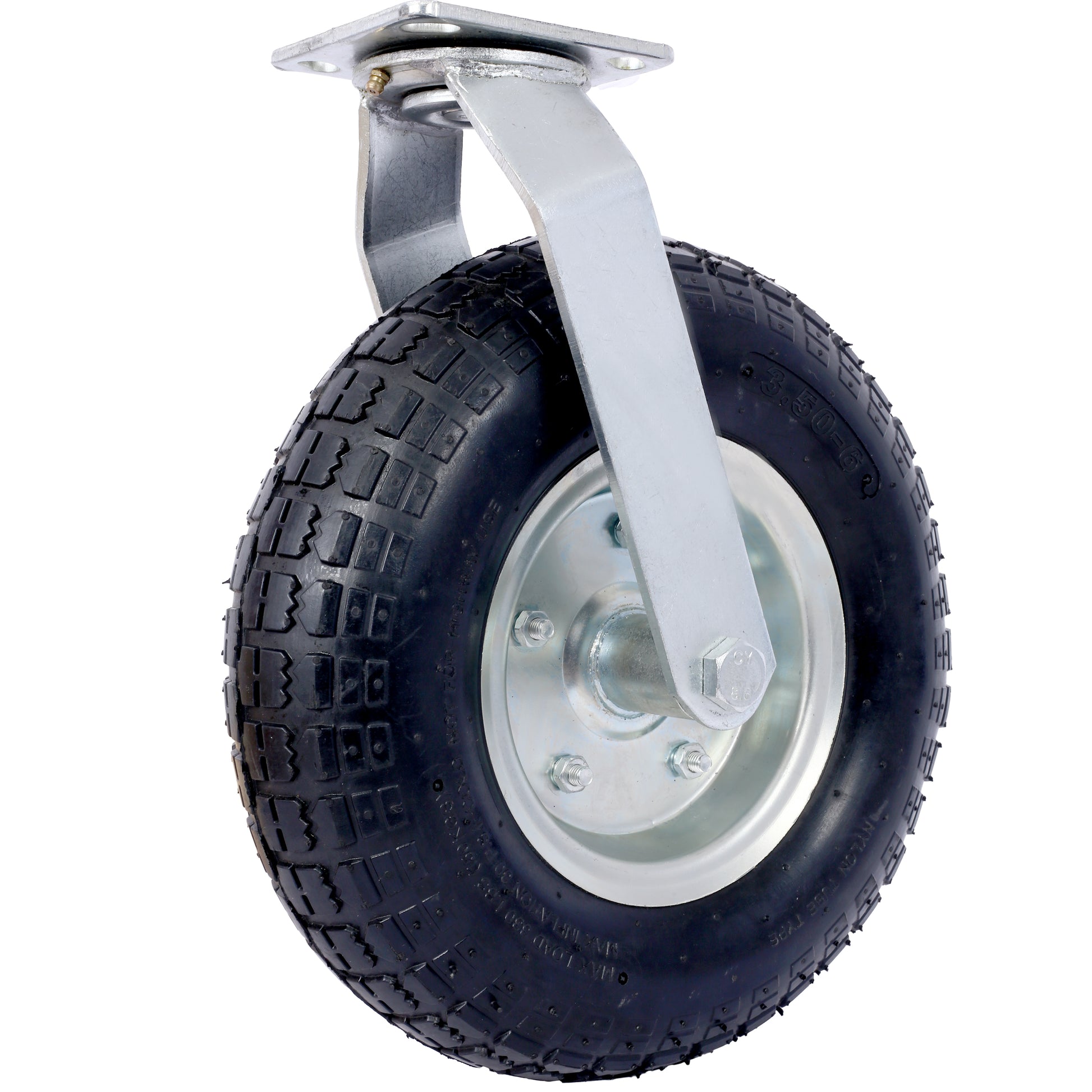 Heavyduty pneumatic caster wheel with ribbed black tire and silver metal swivel mount