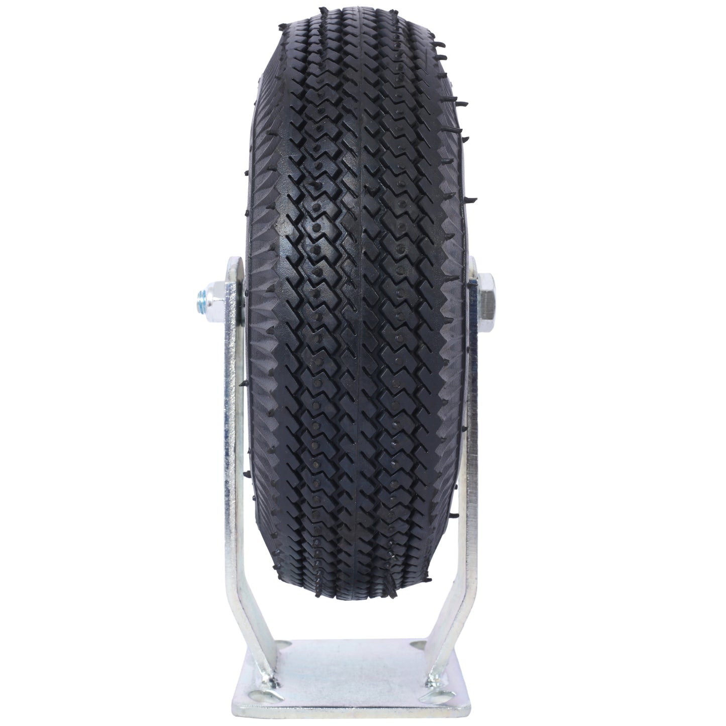 Heavy duty pneumatic tire with treaded surface on a silver swivel caster base