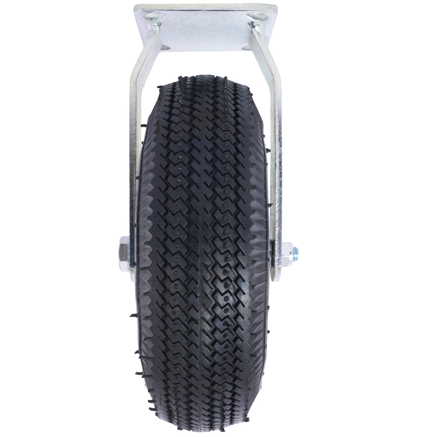 Heavy duty pneumatic caster wheel with deep tread for traction on rough surfaces