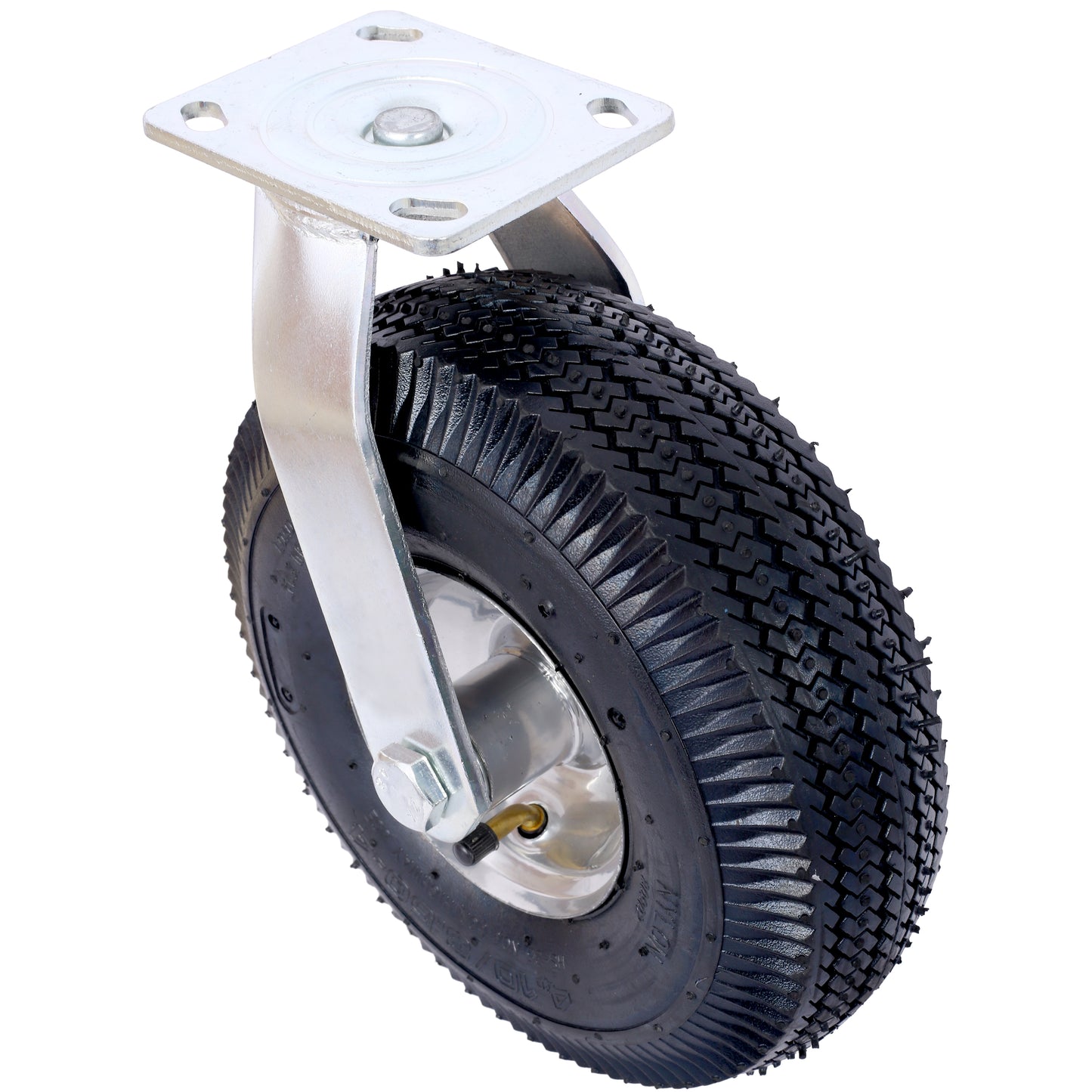 Heavy duty pneumatic caster wheel with silver mounting plate and black rubber tire
