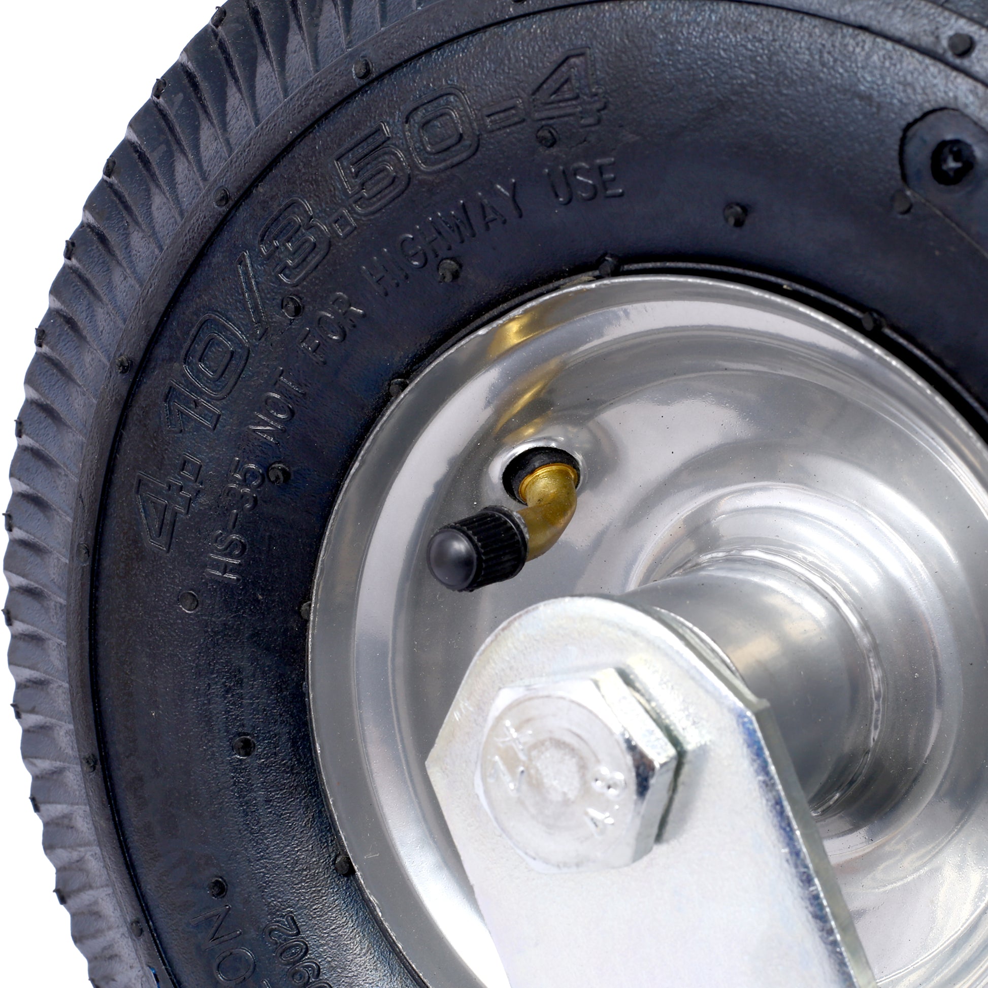 Black pneumatic tire with metal wheel rim and valve stem size